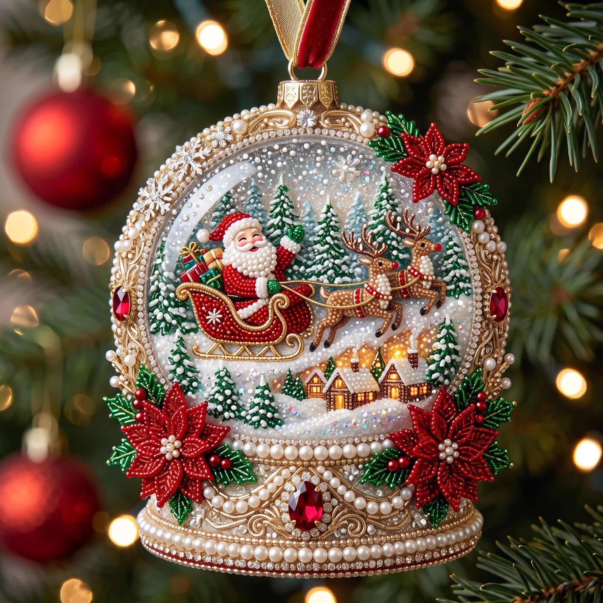 Santa Sleigh Pearl Medallion Christmas Ornament