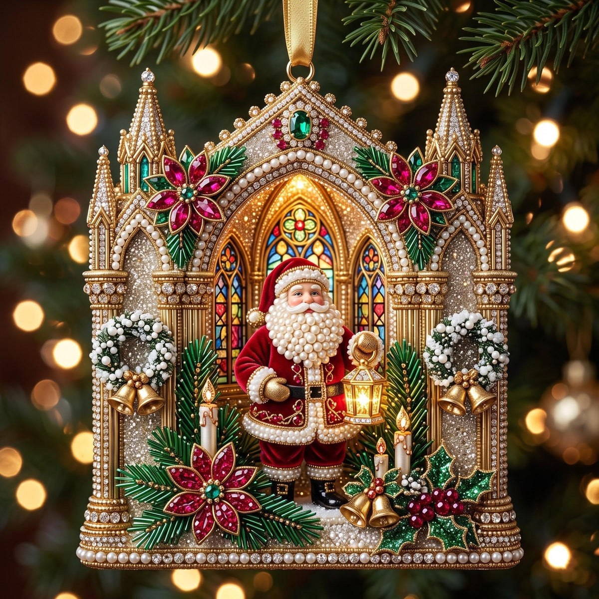 Santa at the Cathedral Window Christmas Ornament