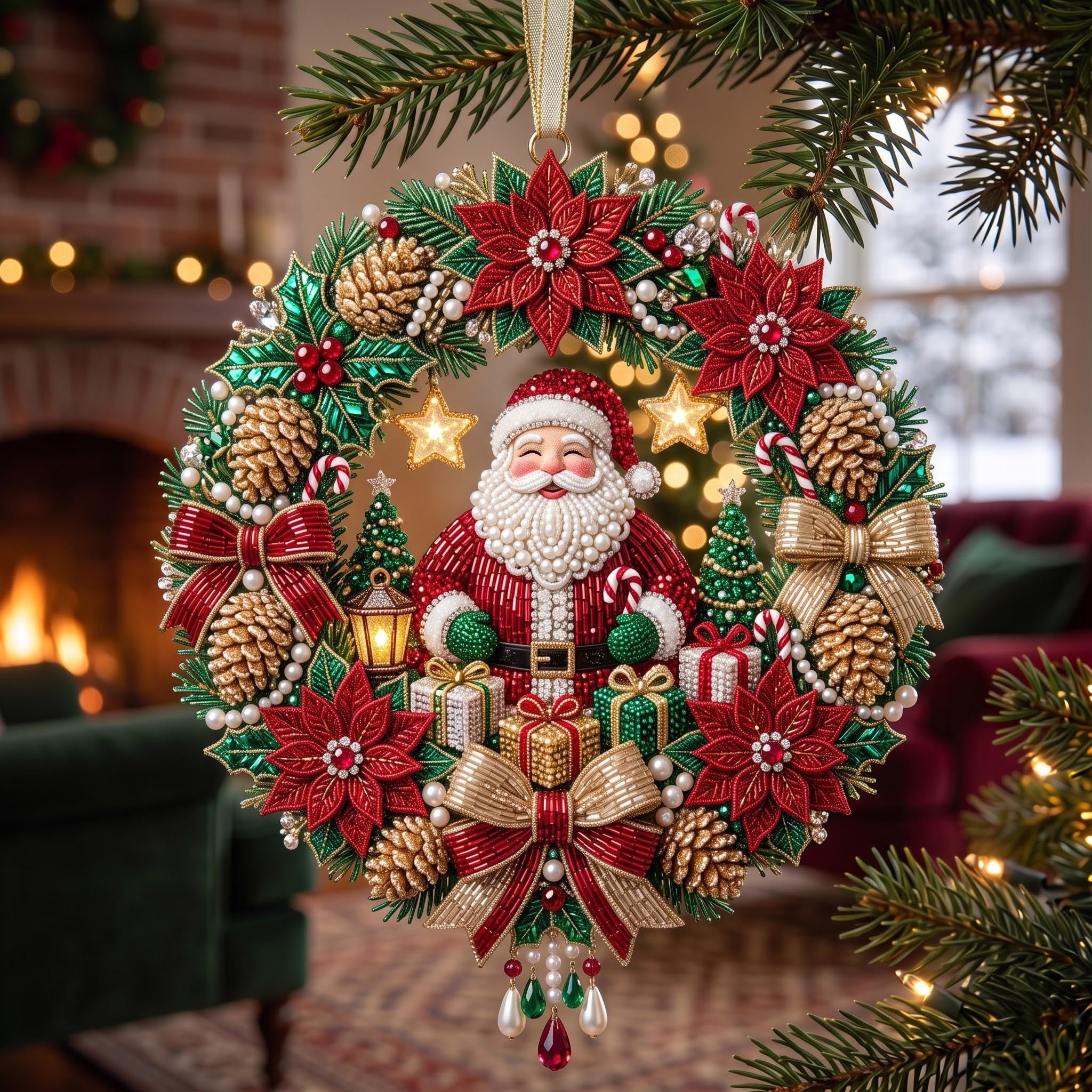 Santa Poinsettia Wreath Christmas Ornament