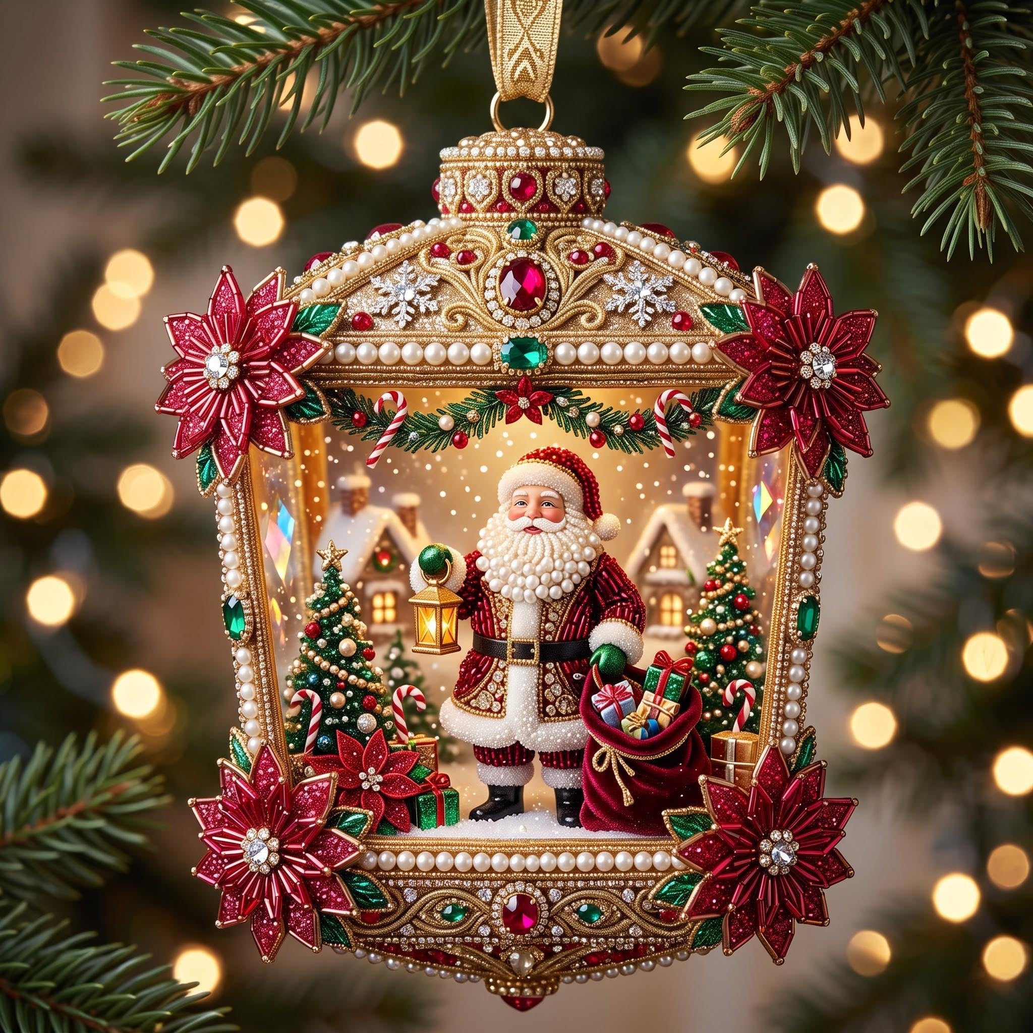 Santa in a Jewelled Lantern Christmas Ornament