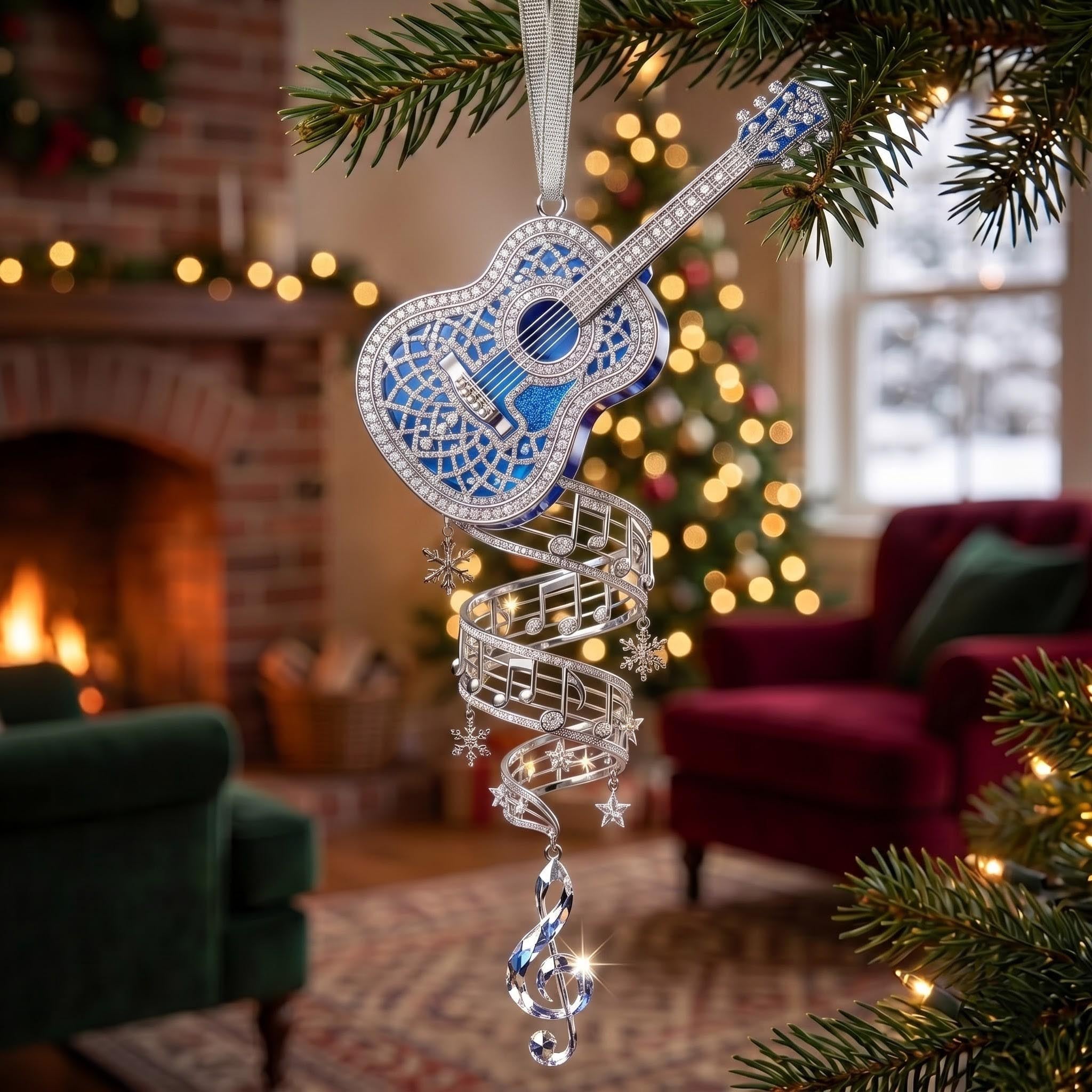 Blue Lace Guitar with Music Notes Christmas Ornament