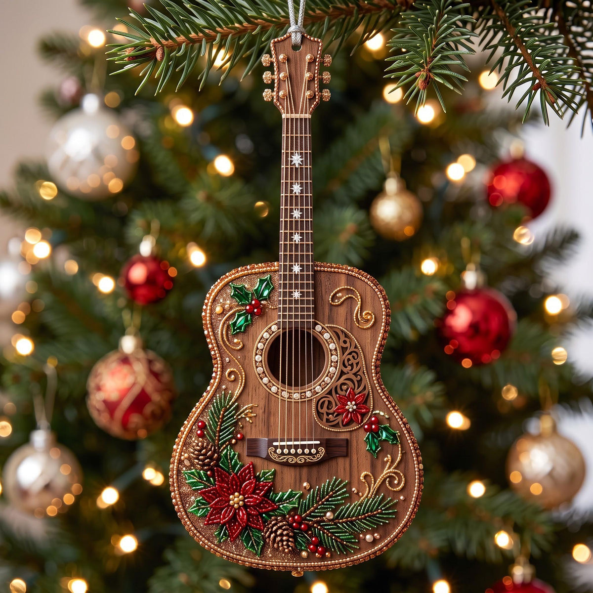 Rosewood Guitar with Holly Christmas Ornament