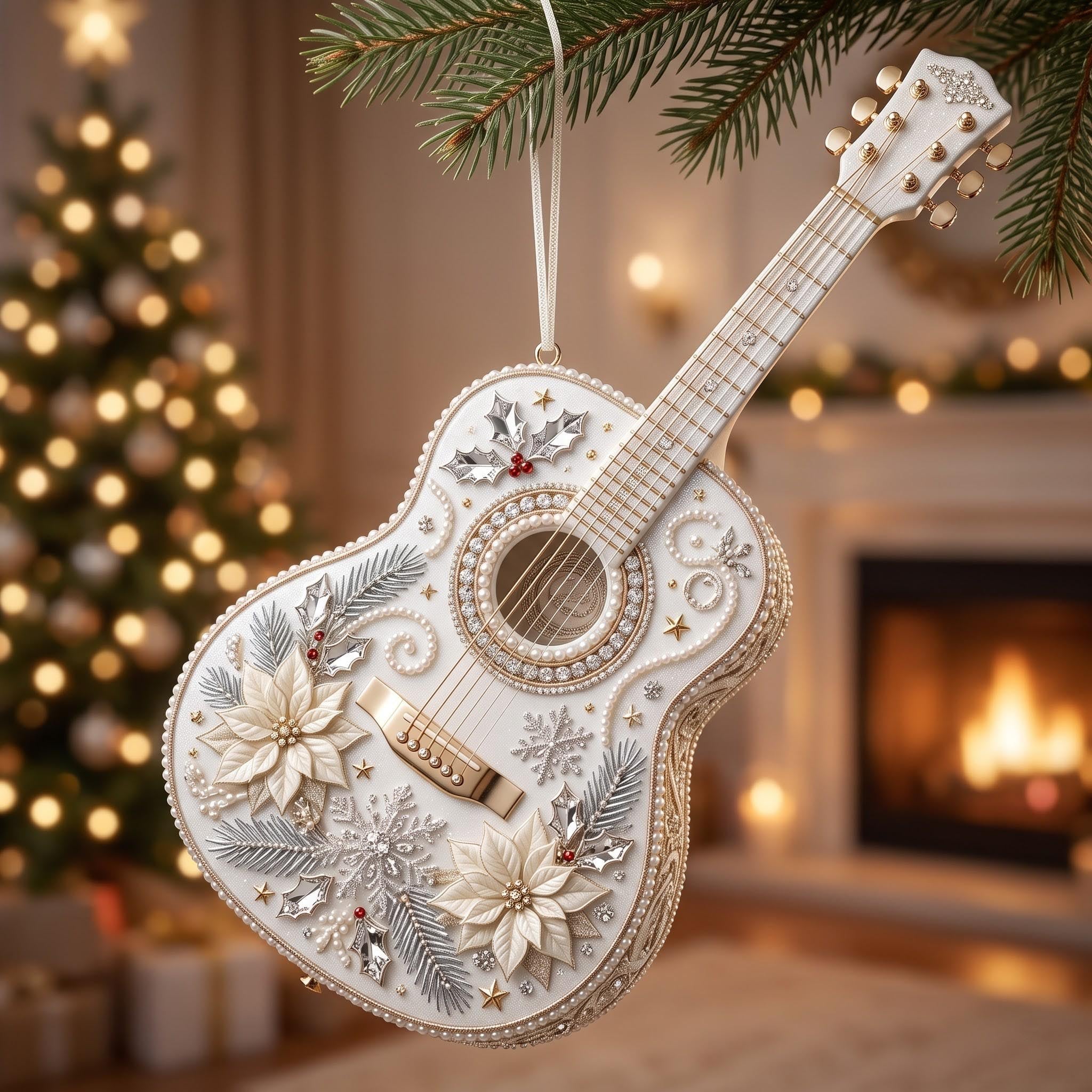Ivory Pearl Guitar Christmas Ornament
