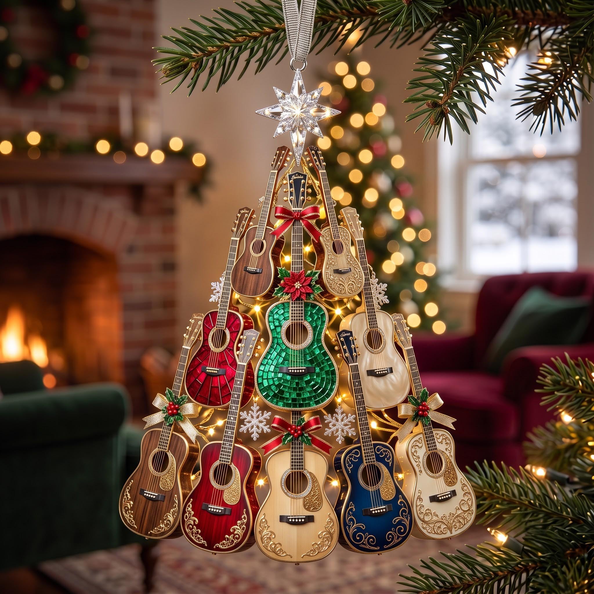 Tree of Guitars in Colour Christmas Ornament