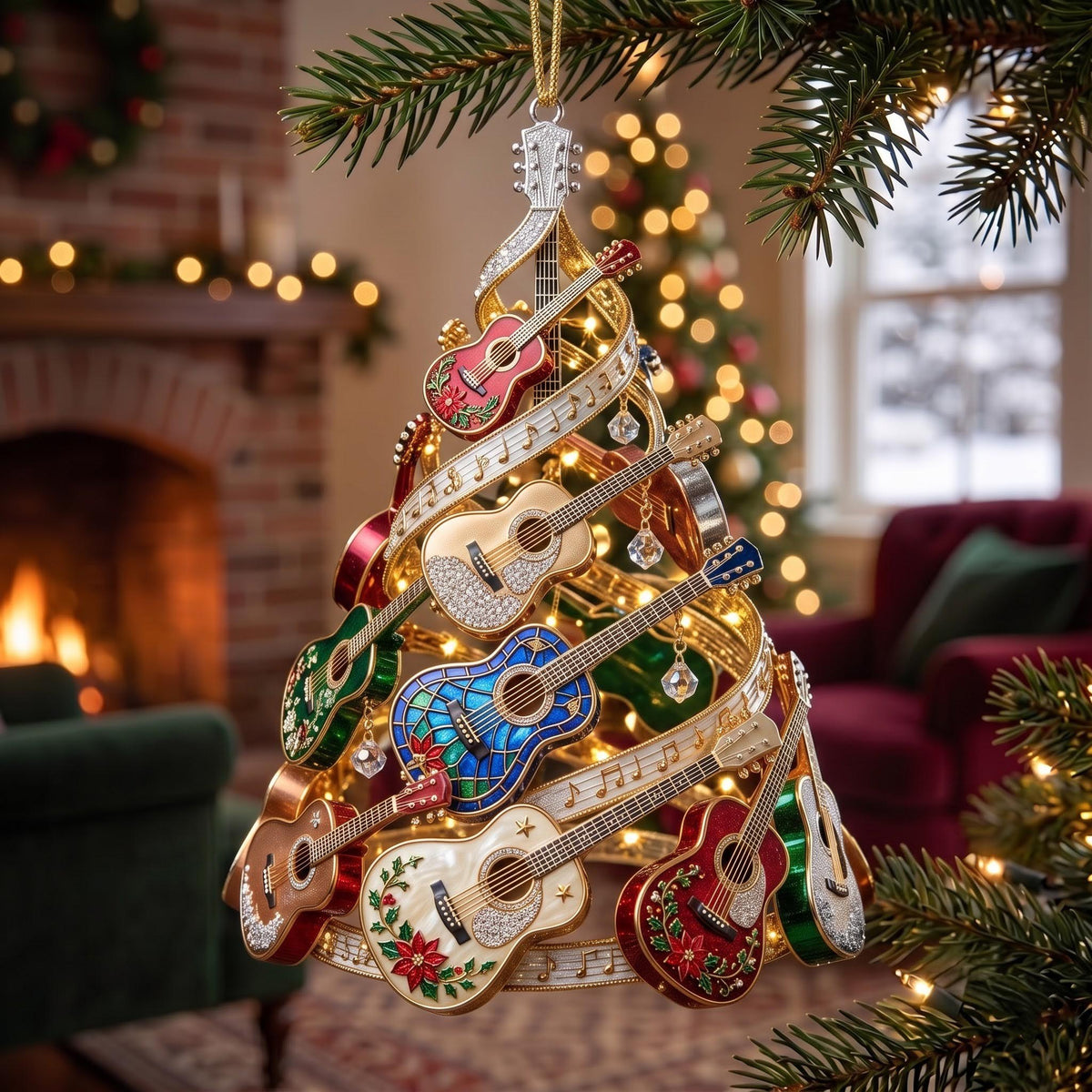 Golden Ribbon Guitar Tree Christmas Ornament