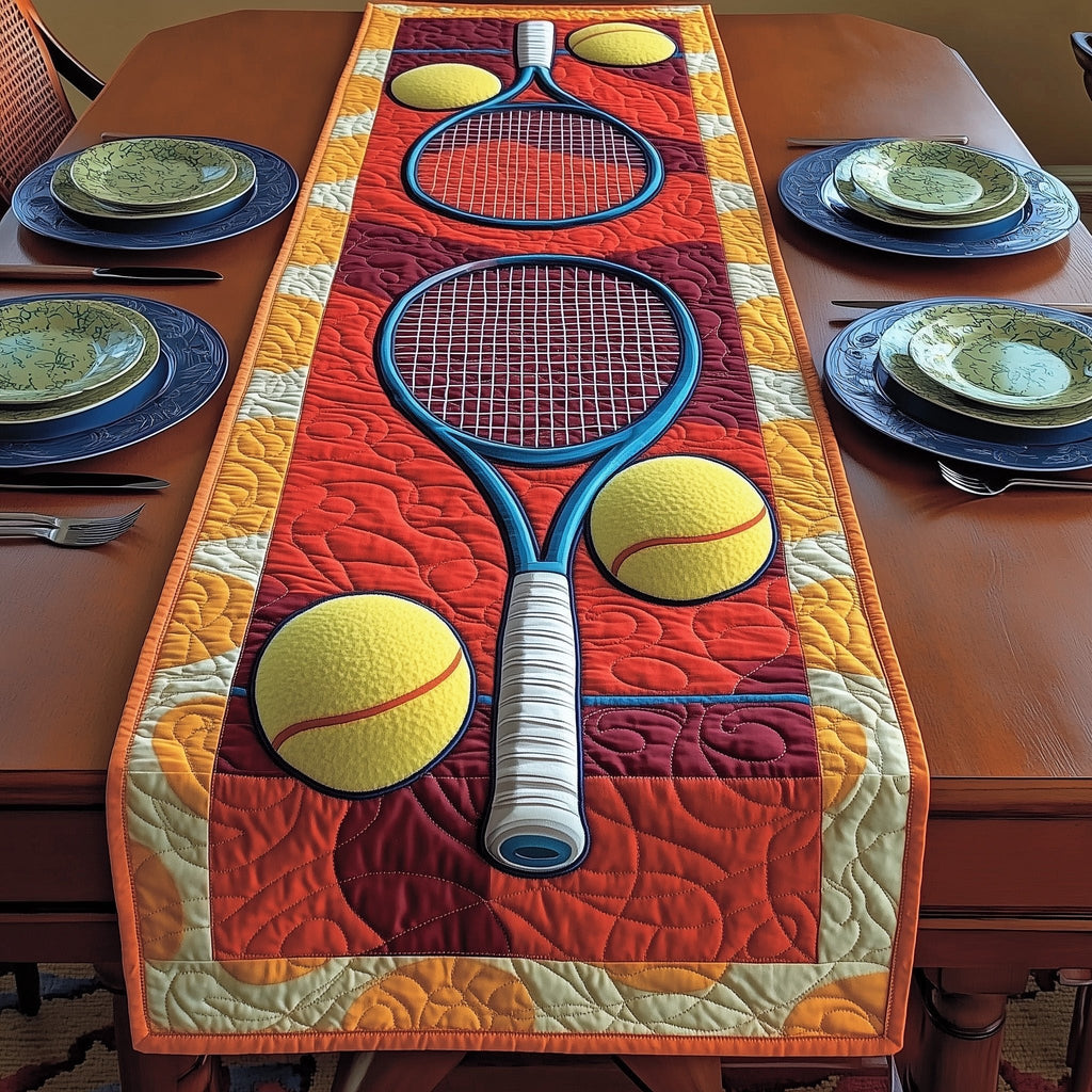 Racket and Ball on Red Panel Table Runner