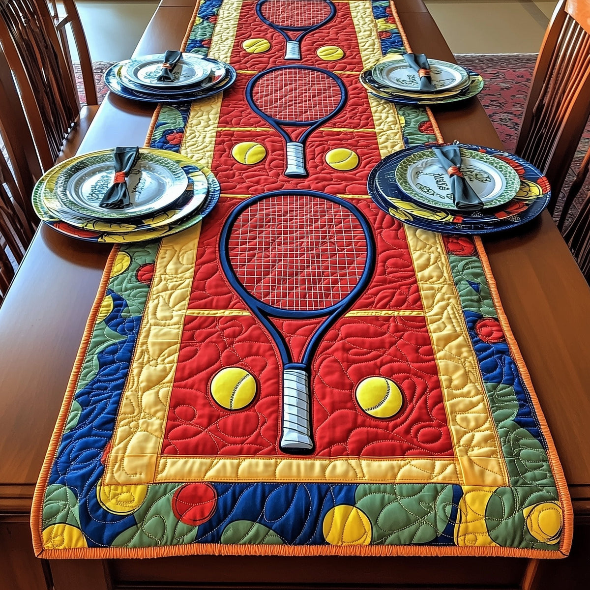 Blue Racket on Red Tennis Court Table Runner