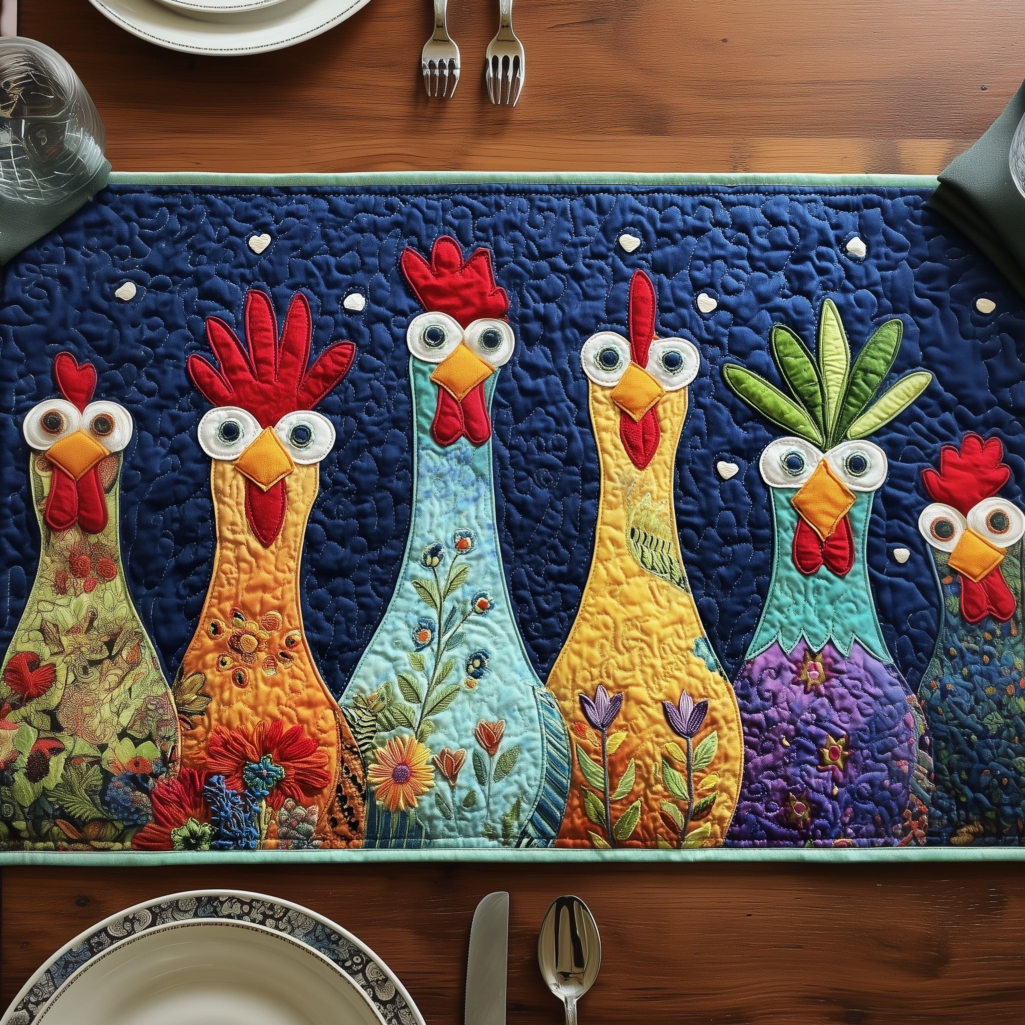 Row of Colorful Folk Chickens Table Runner