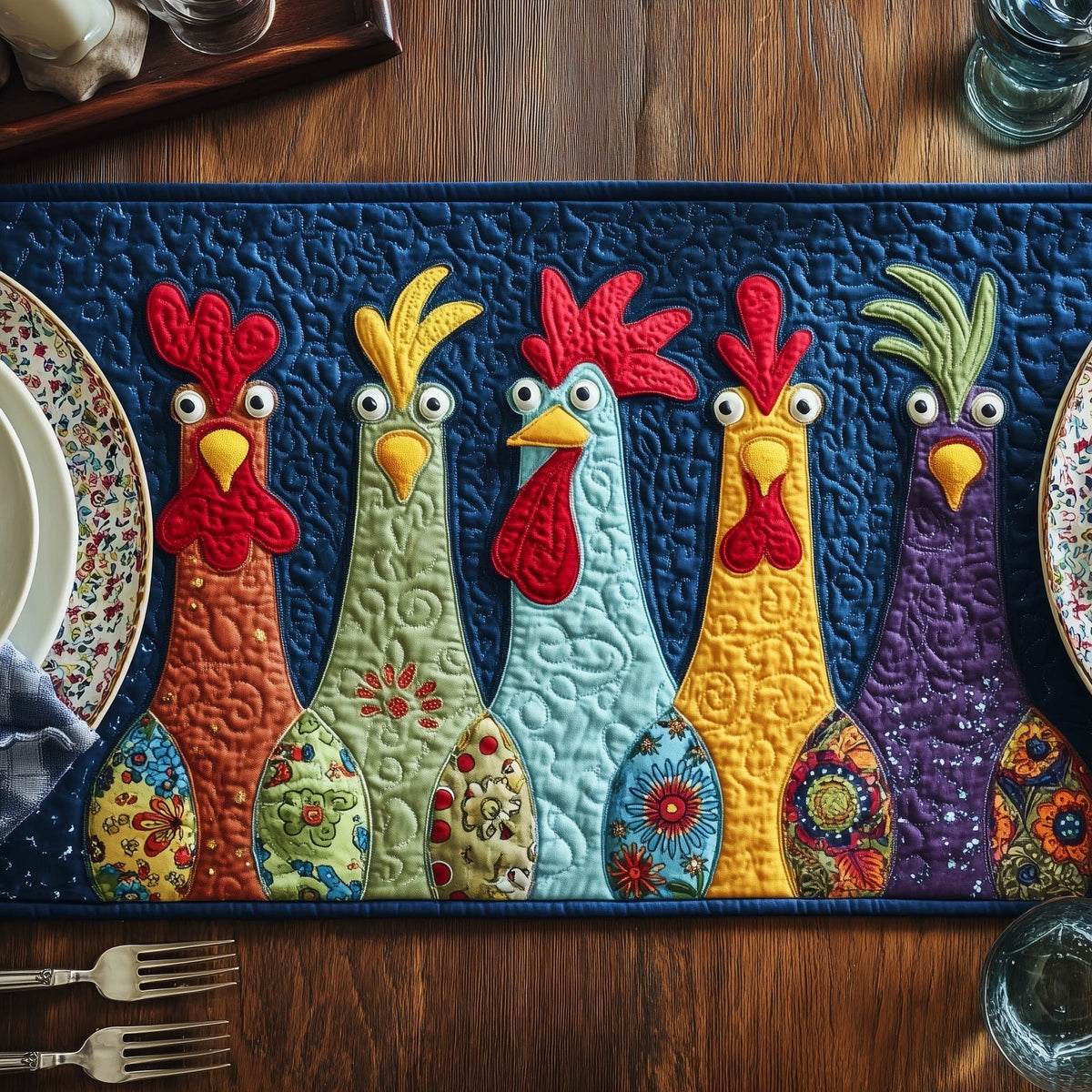 Bright Roosters on Dark Blue Table Runner