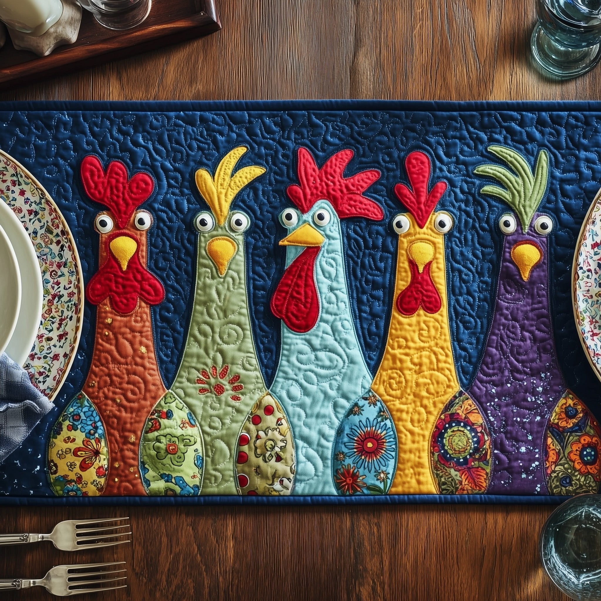 Bright Roosters on Dark Blue Table Runner