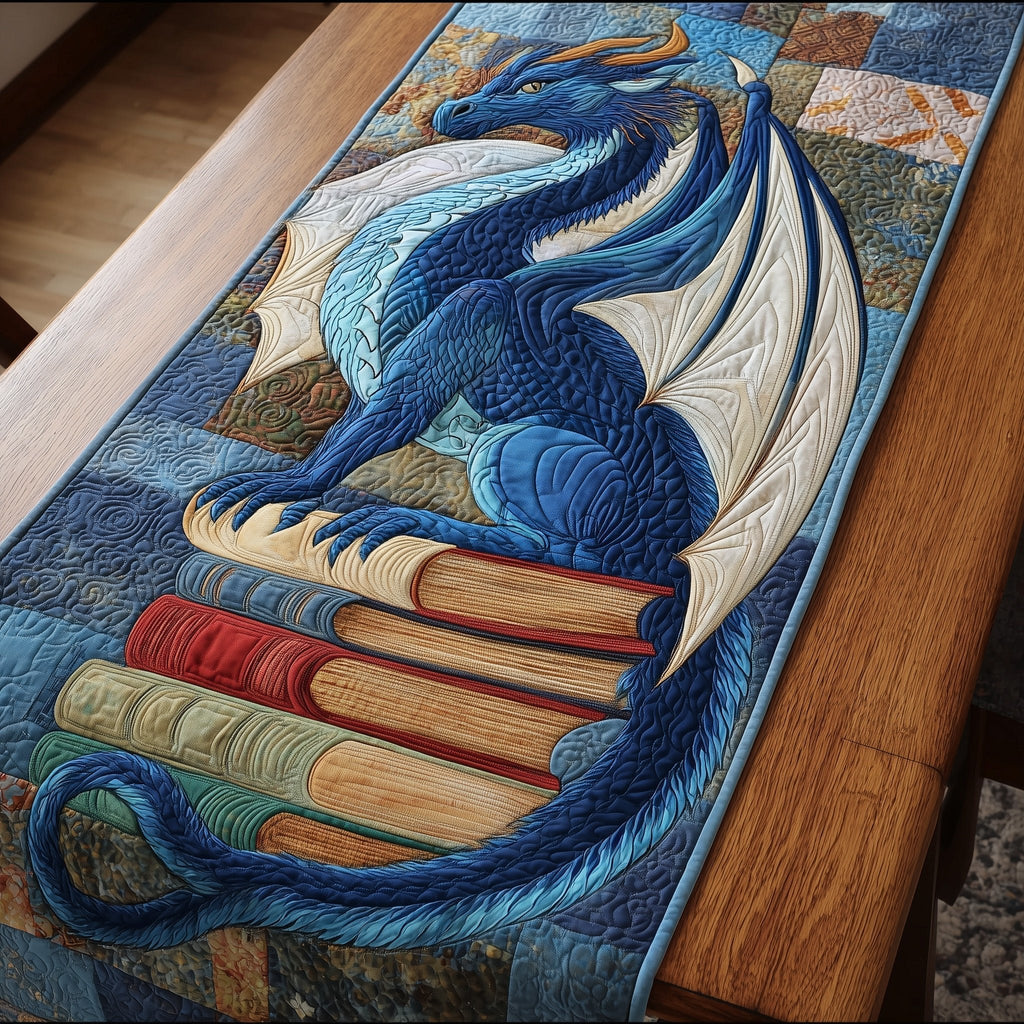 Blue Dragon with Stacked Books Table Runner
