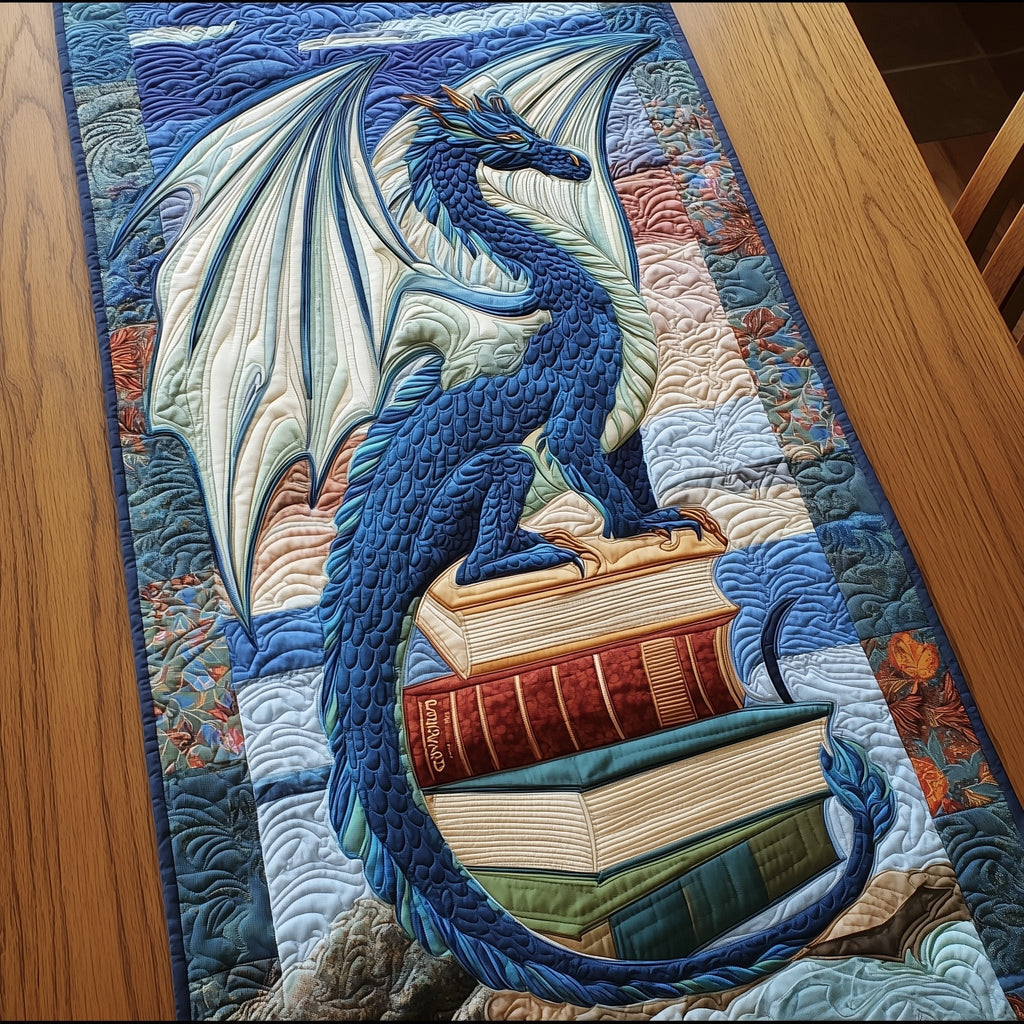 Blue Dragon Coiled Around Books Table Runner
