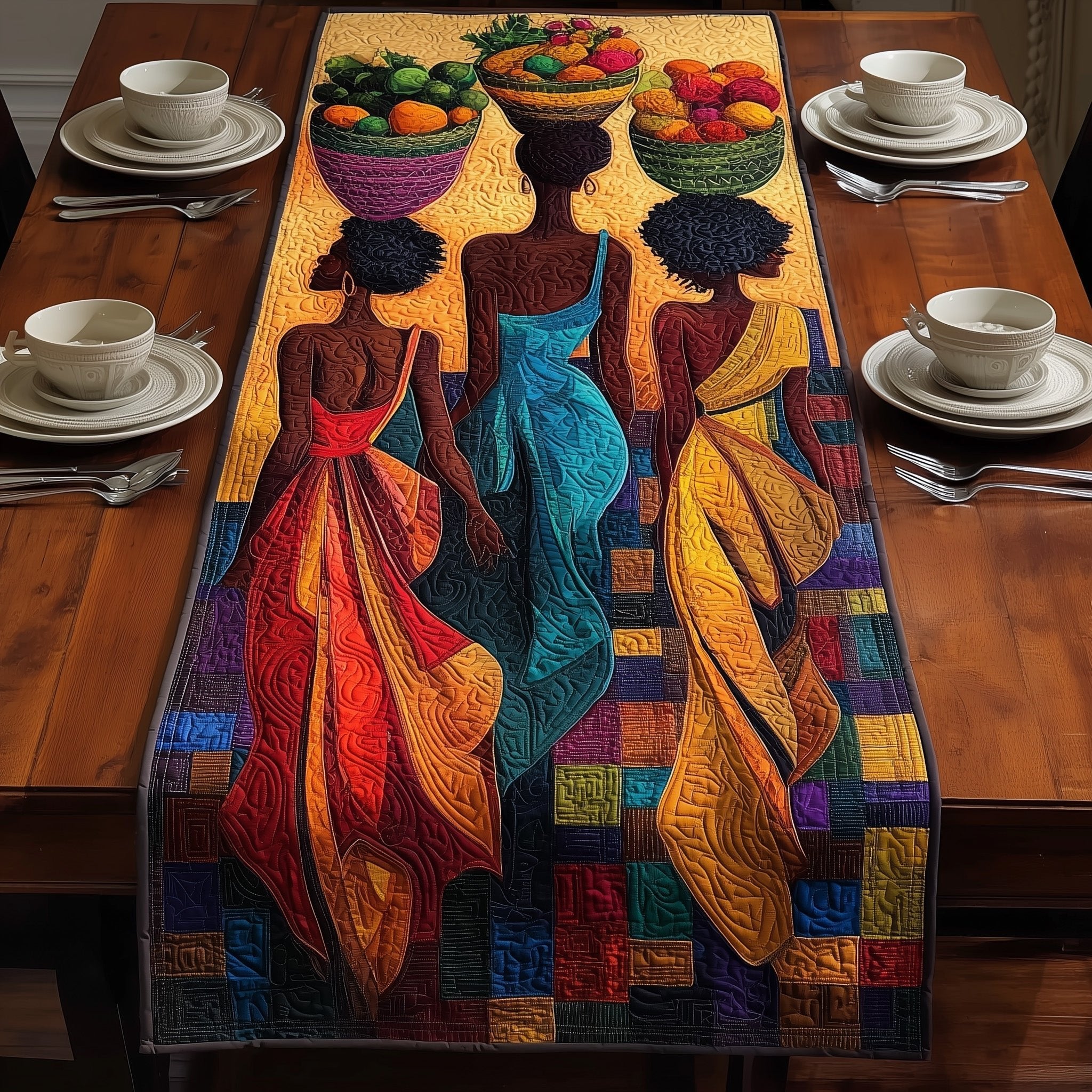Women in Flowing Warm Toned Gowns Table Runner