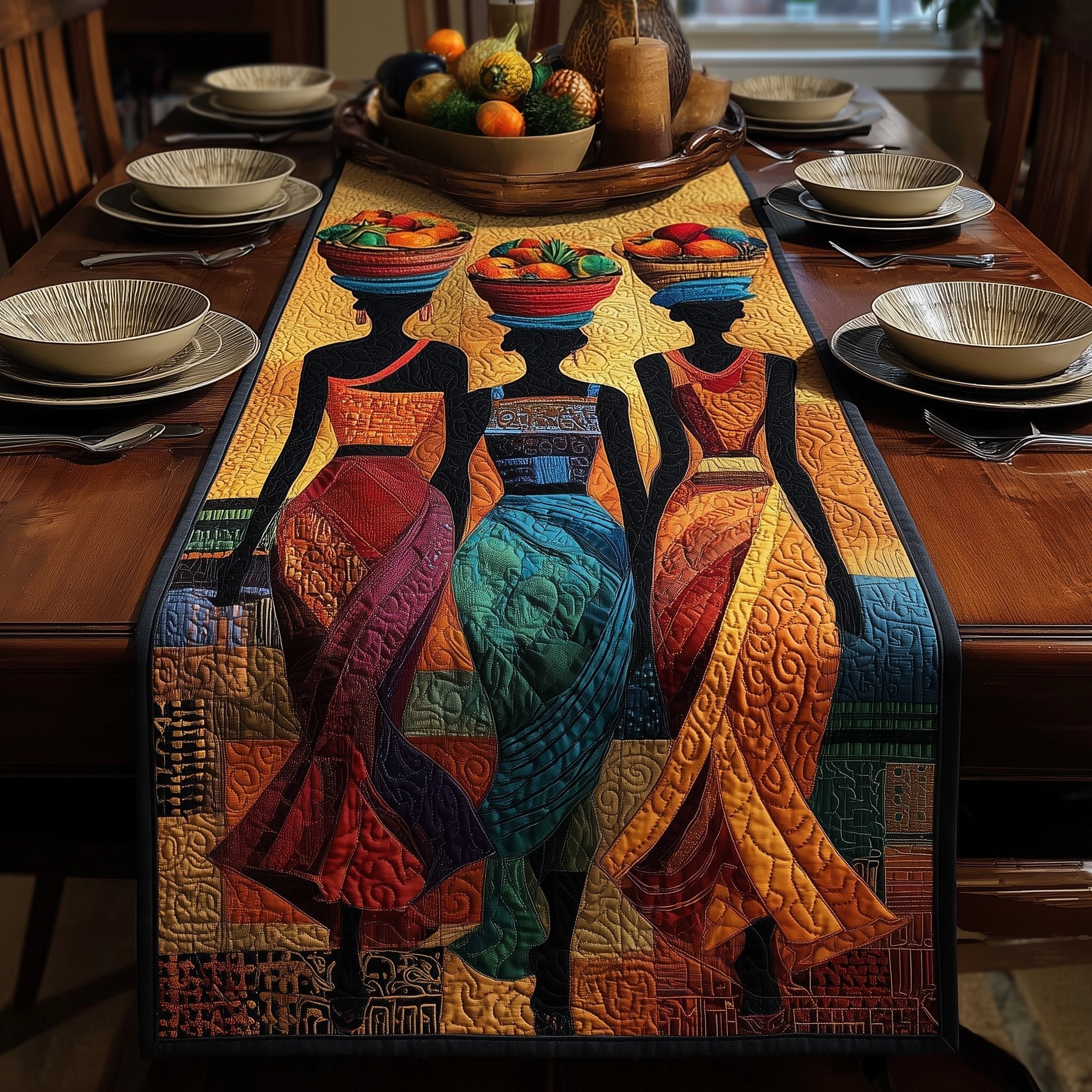 Women in Dresses on Gold Blocks Table Runner