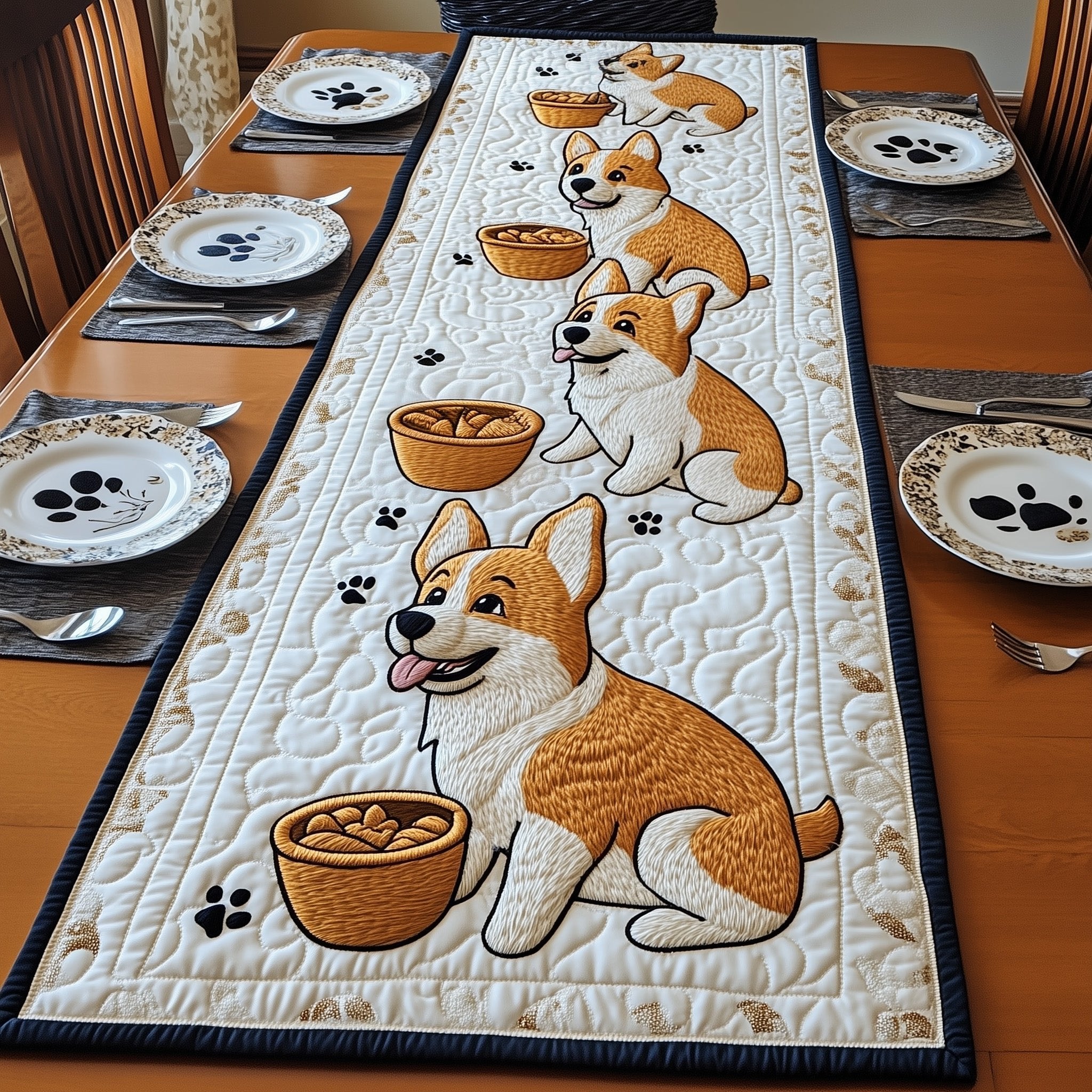 Corgi with Food Bowl on White Table Runner
