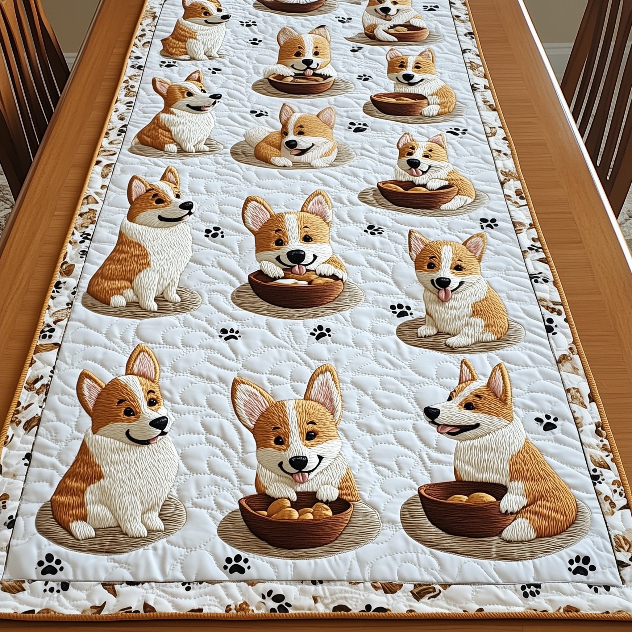 Corgi Puppies with Food Bowls Table Runner