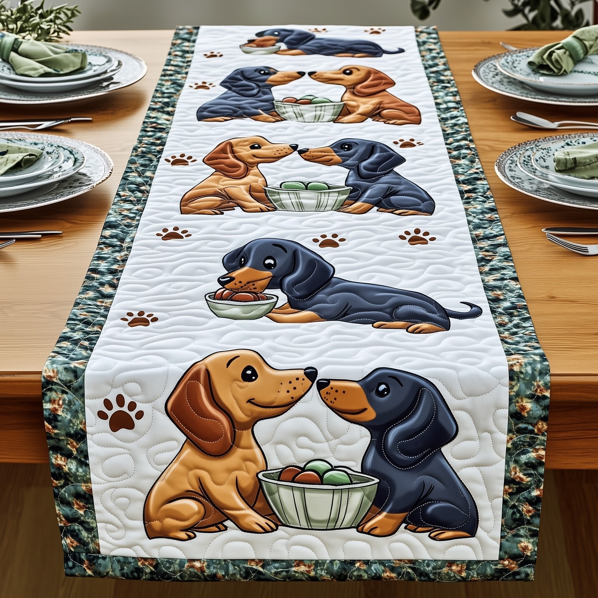 Dachshunds Sharing Food Bowls Table Runner