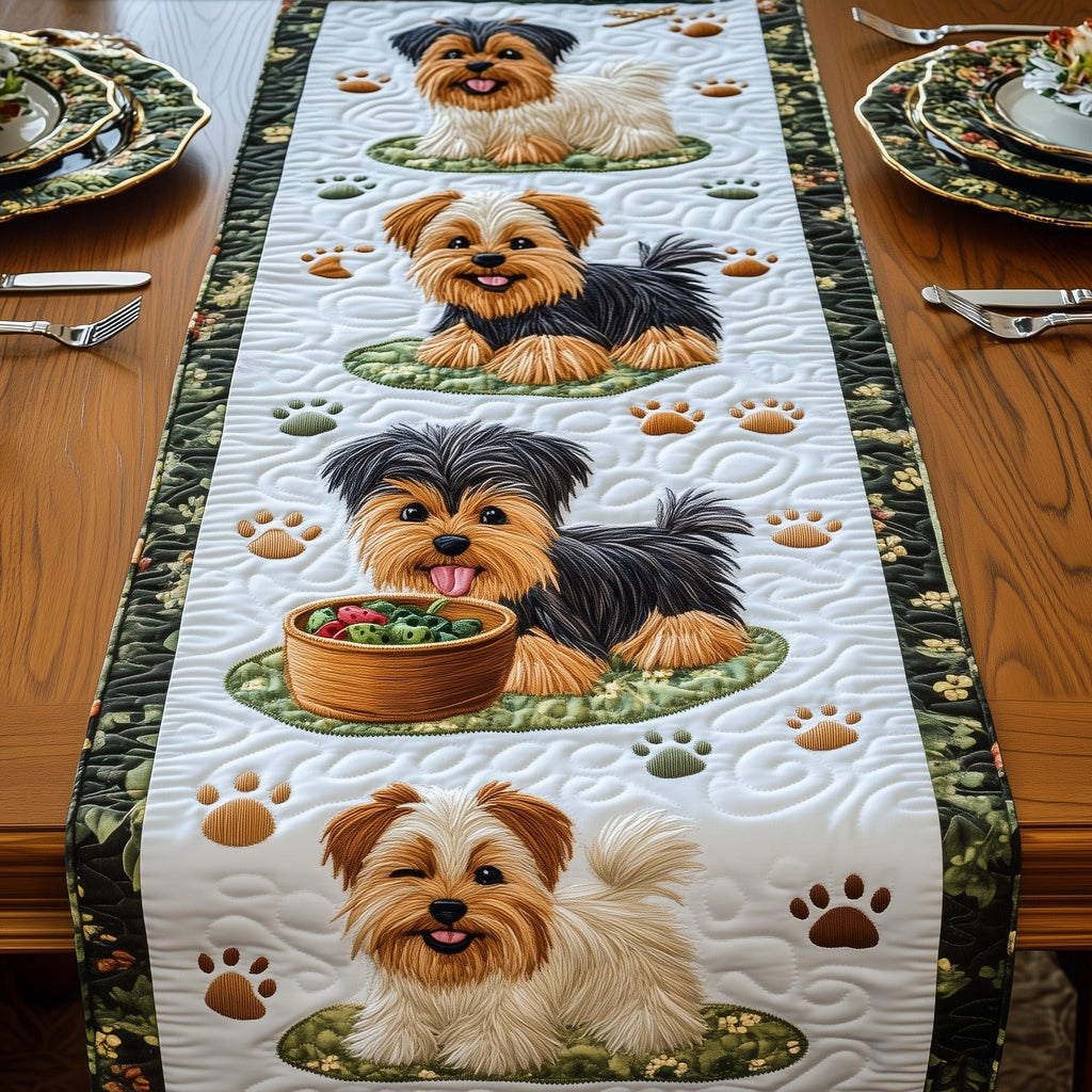 Yorkshire Terriers with Food Bowls Table Runner
