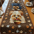 Yorkie with Bowl on Brown Table Runner