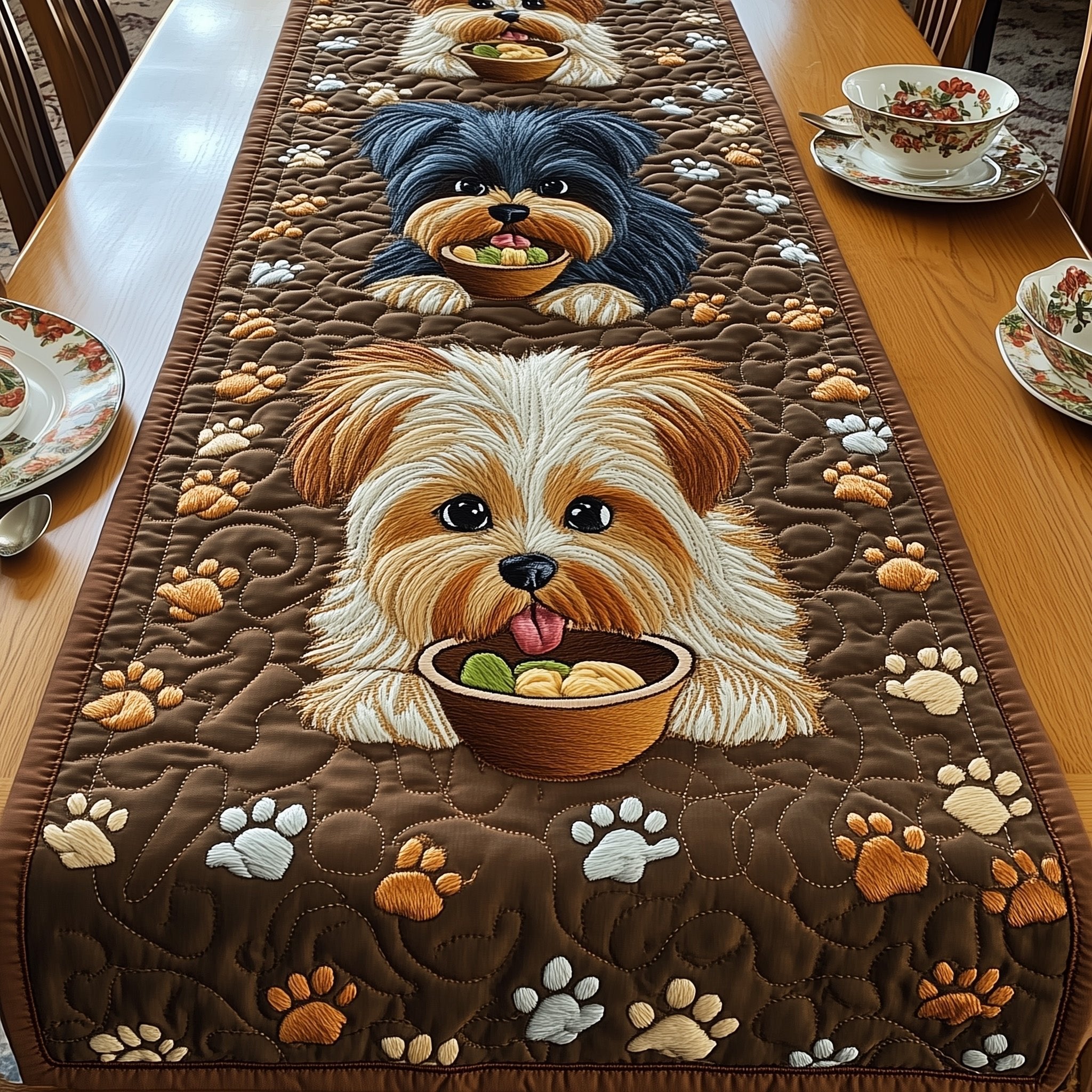 Yorkie with Bowl on Brown Table Runner