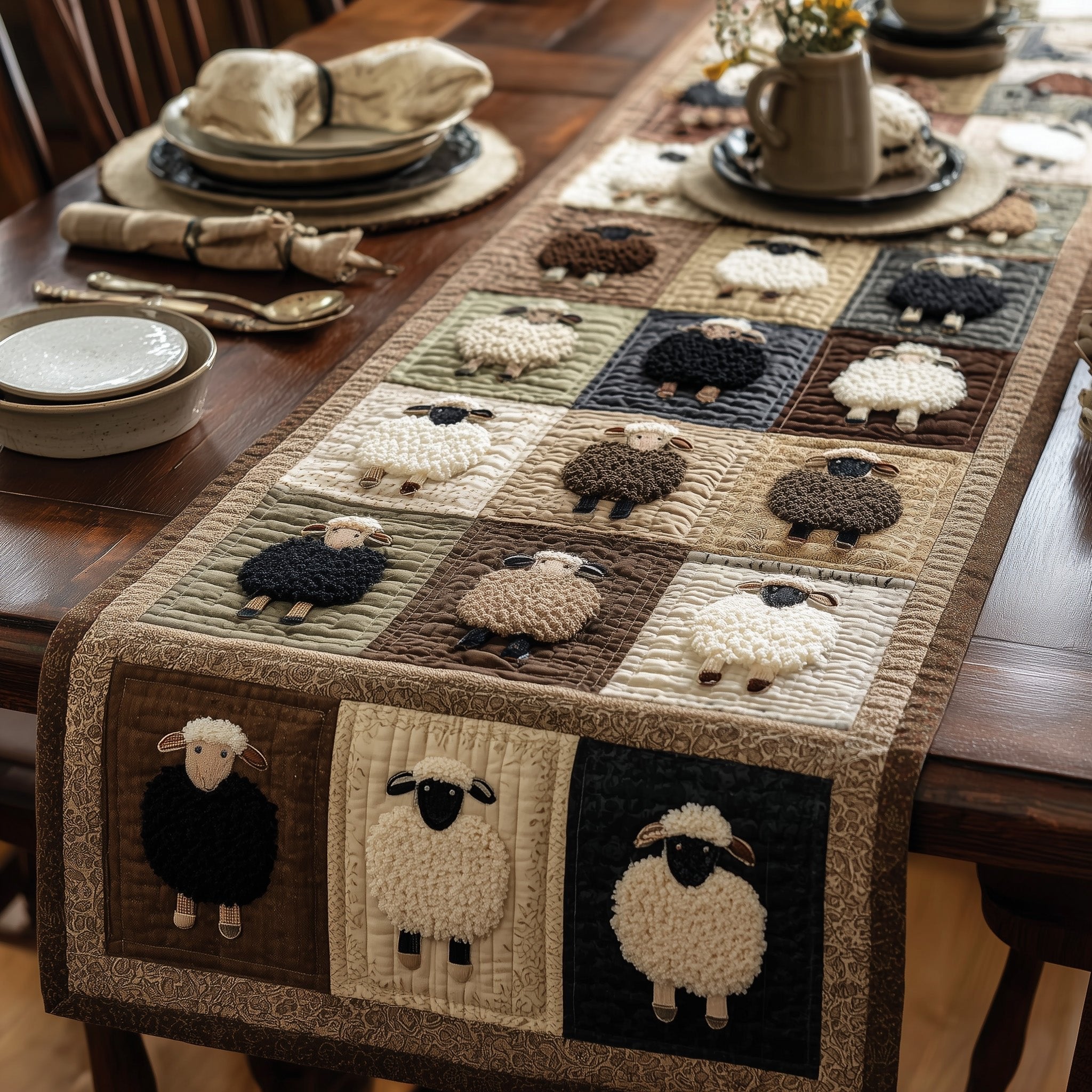 Black and White Sheep Blocks Table Runner