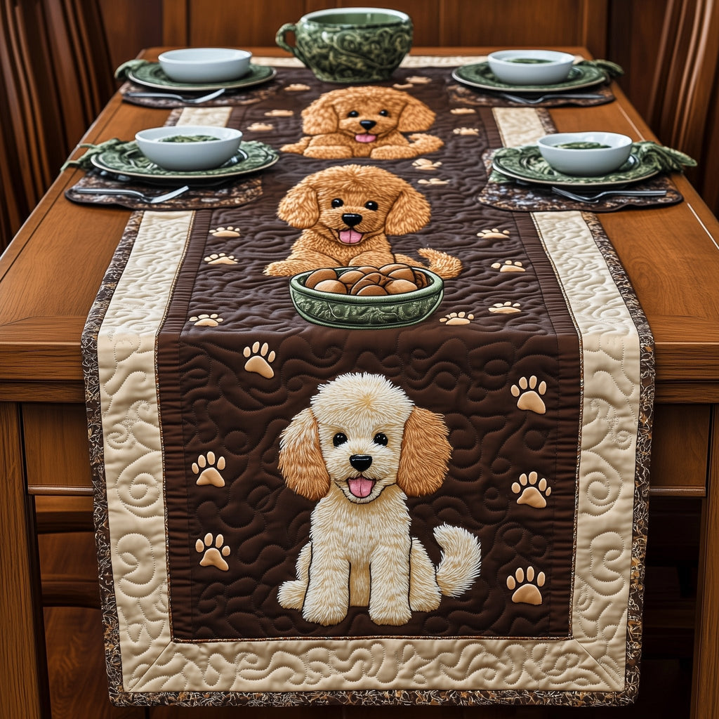 Poodle with Food Bowl on Brown Table Runner