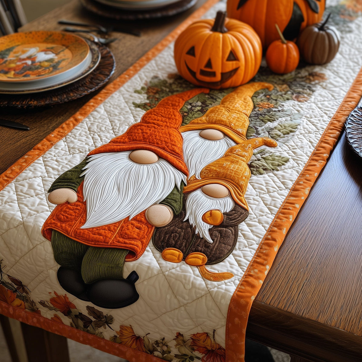 Two Gnomes with Orange Pumpkins Table Runner