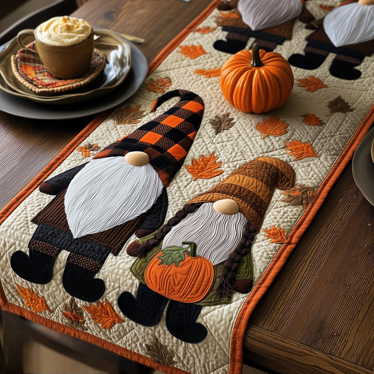 Gnomes in Plaid Hats with Pumpkin Table Runner