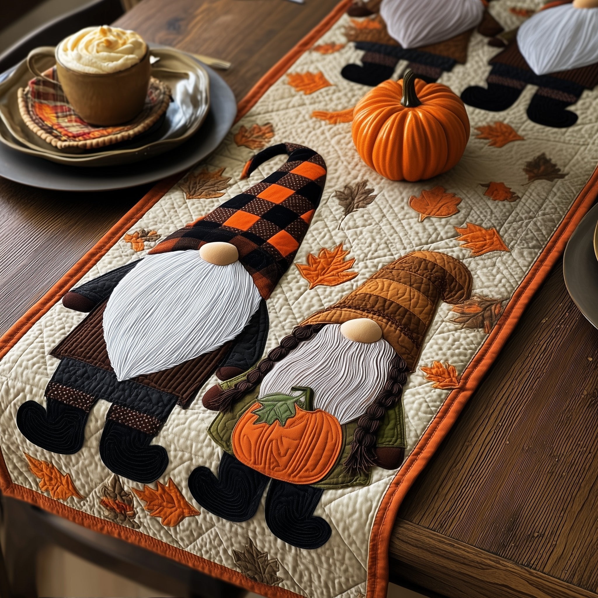Gnomes in Plaid Hats with Pumpkin Table Runner
