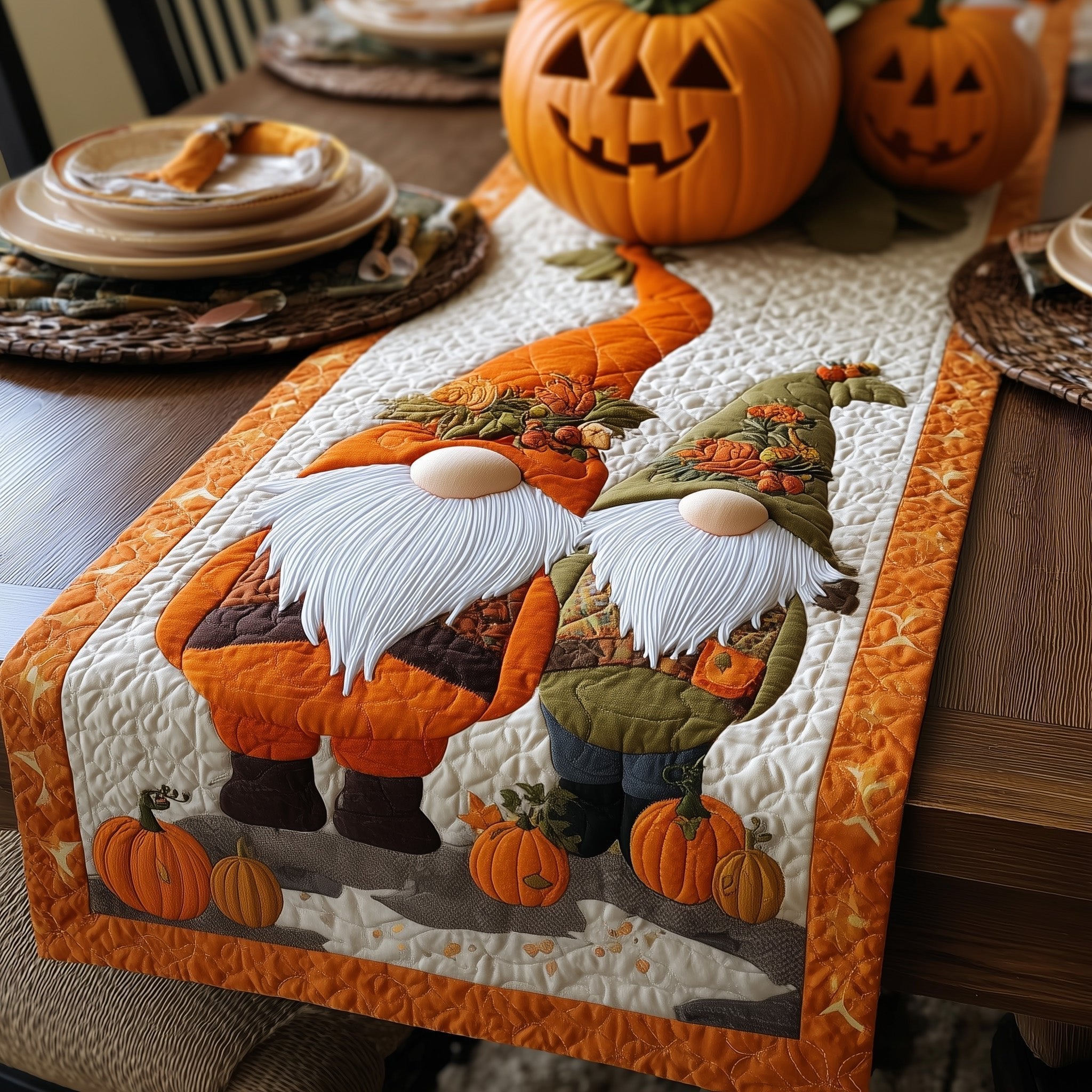 Gnomes on Orange with Pumpkins Table Runner