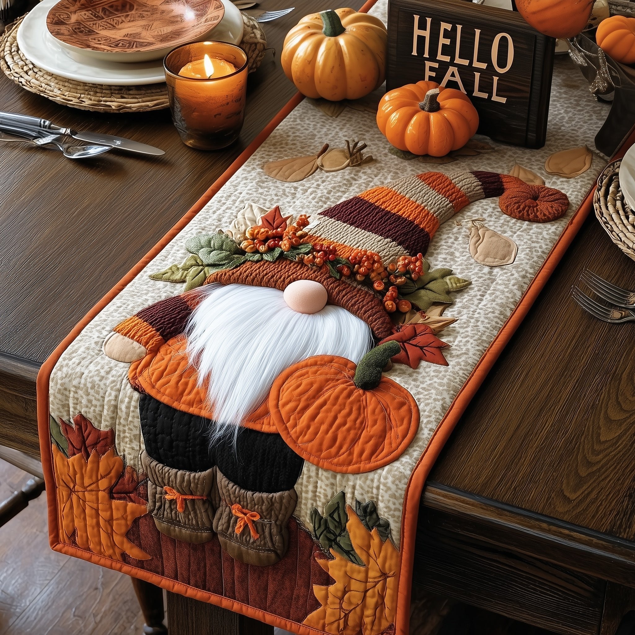 Gnome with Autumn Wreath Hat Table Runner
