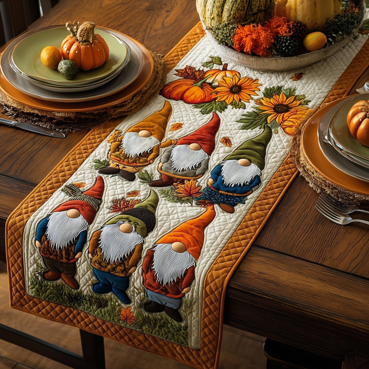 Row of Gnomes with Sunflowers Table Runner