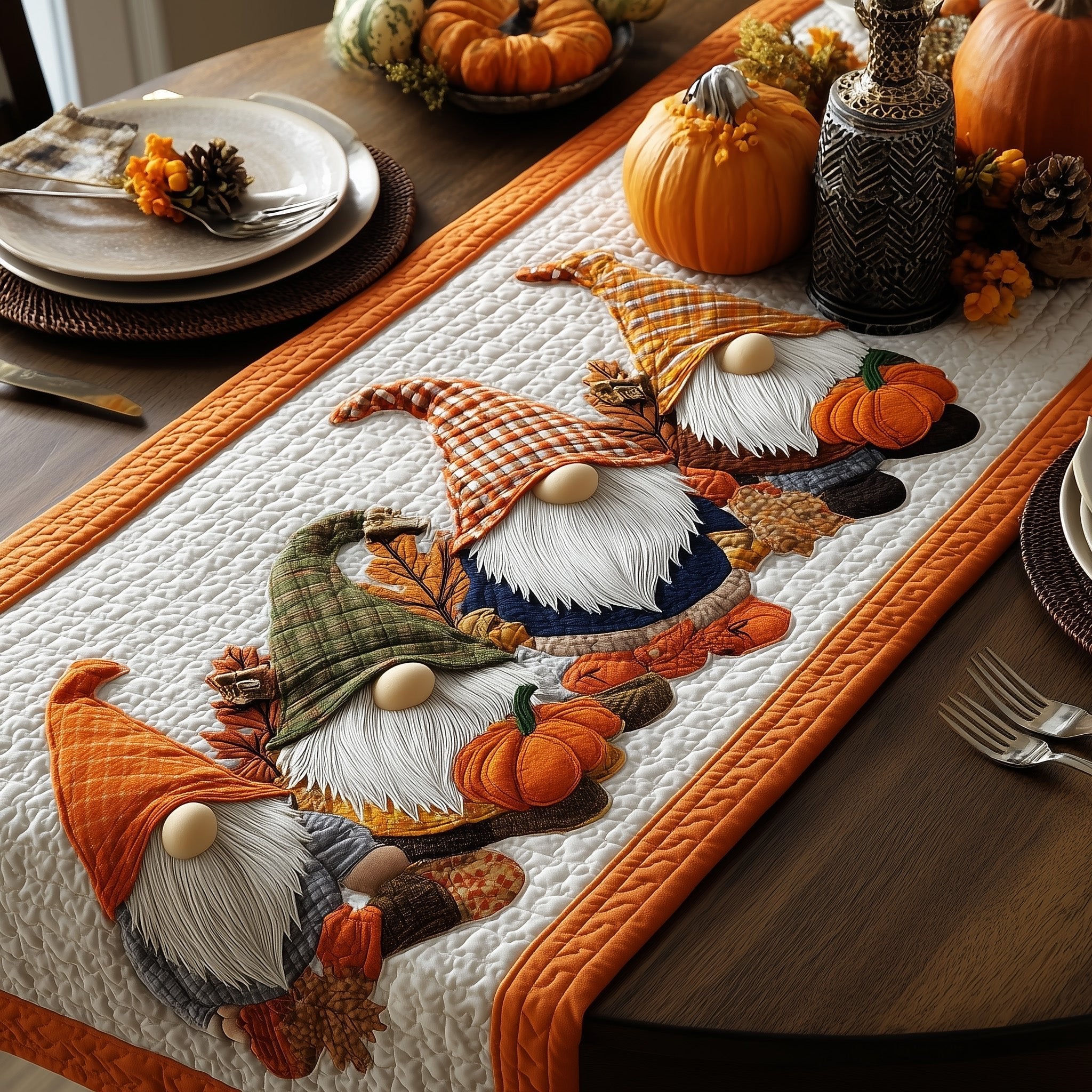 Gnomes with Pumpkins on Orange Border Table Runner