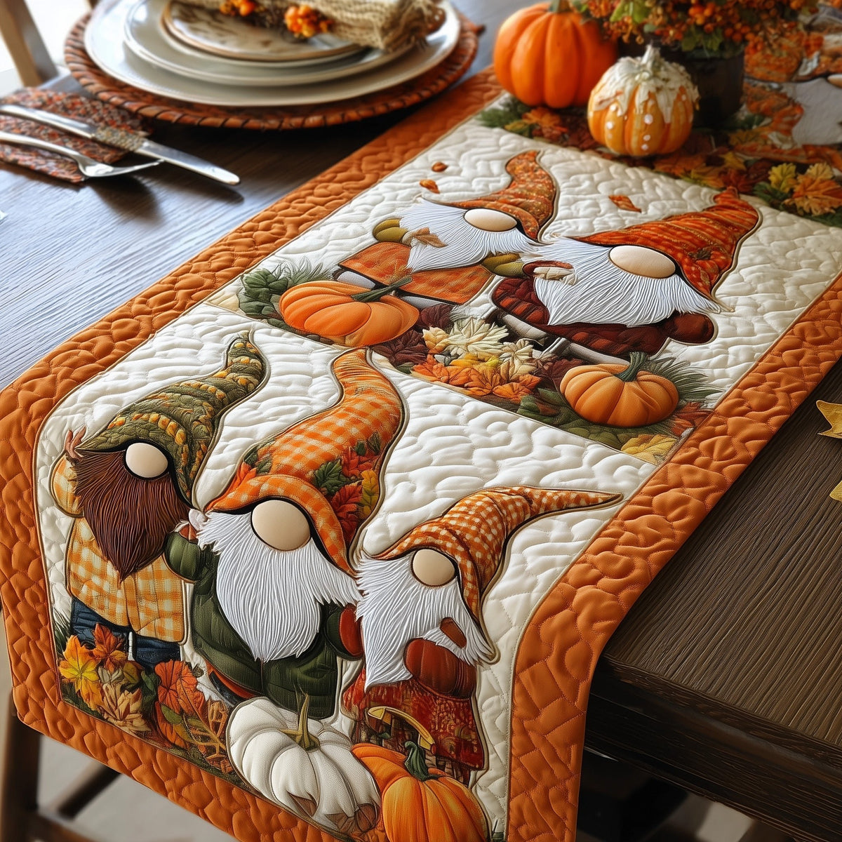 Gnomes with White Pumpkins Table Runner