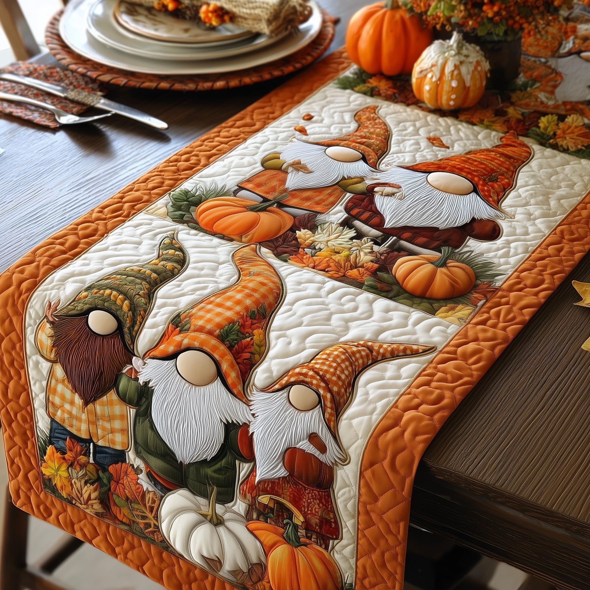 Gnomes with White Pumpkins Table Runner