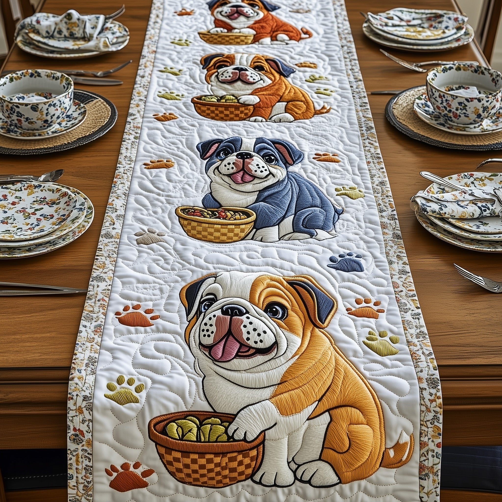 Bulldogs with Baskets on White Table Runner