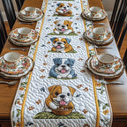 Bulldog Puppies with Food Bowls Table Runner
