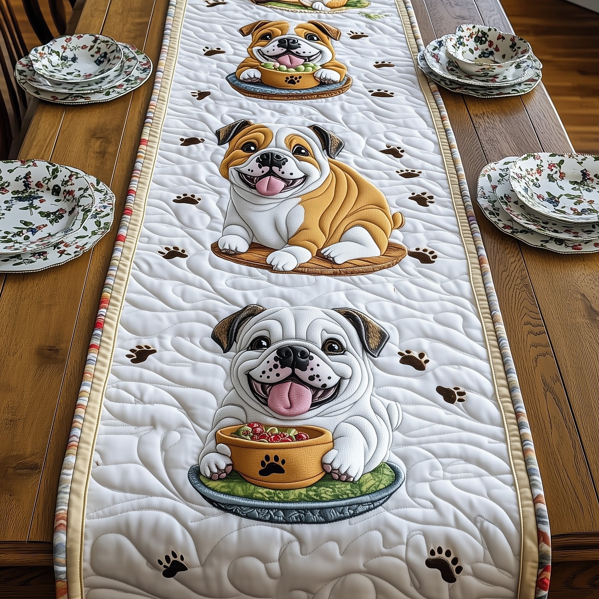 Bulldog Beside a Green Bowl Table Runner