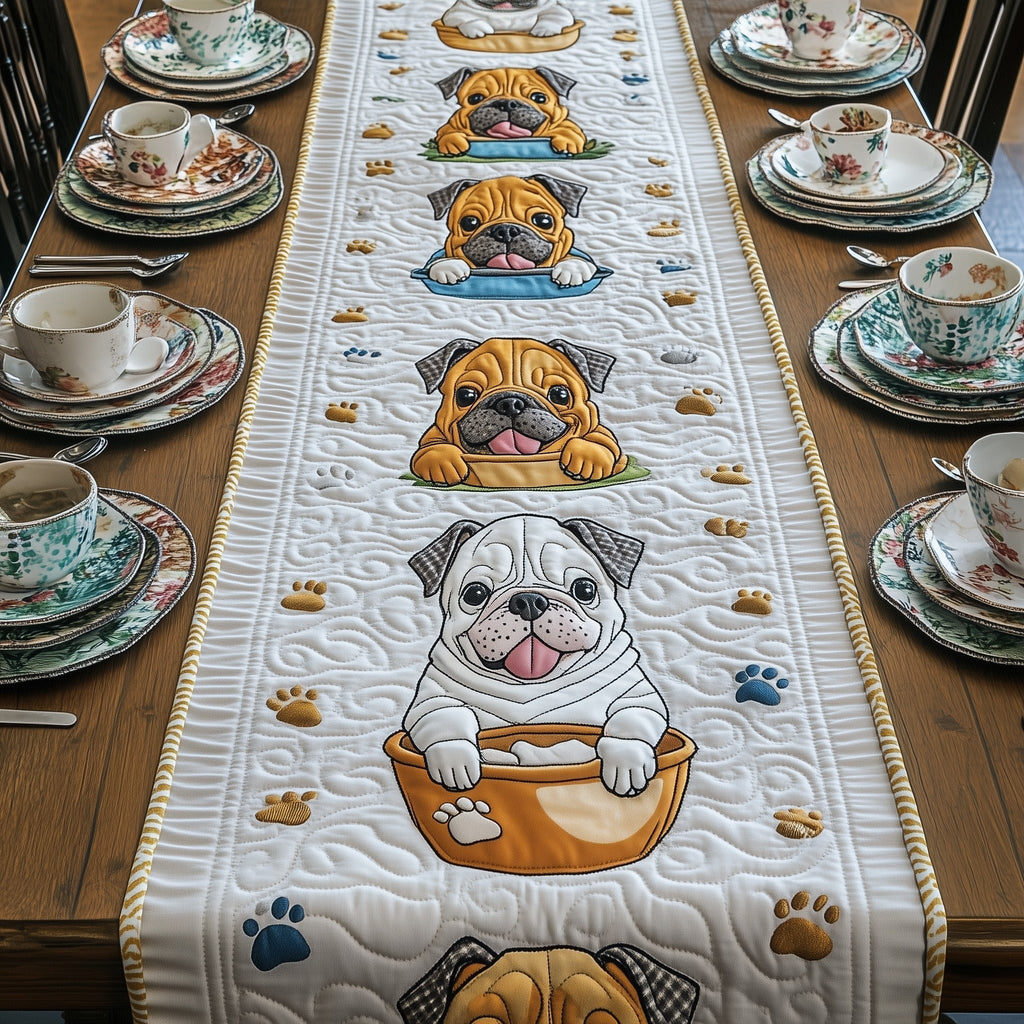 Bulldogs with Steaming Cups Table Runner