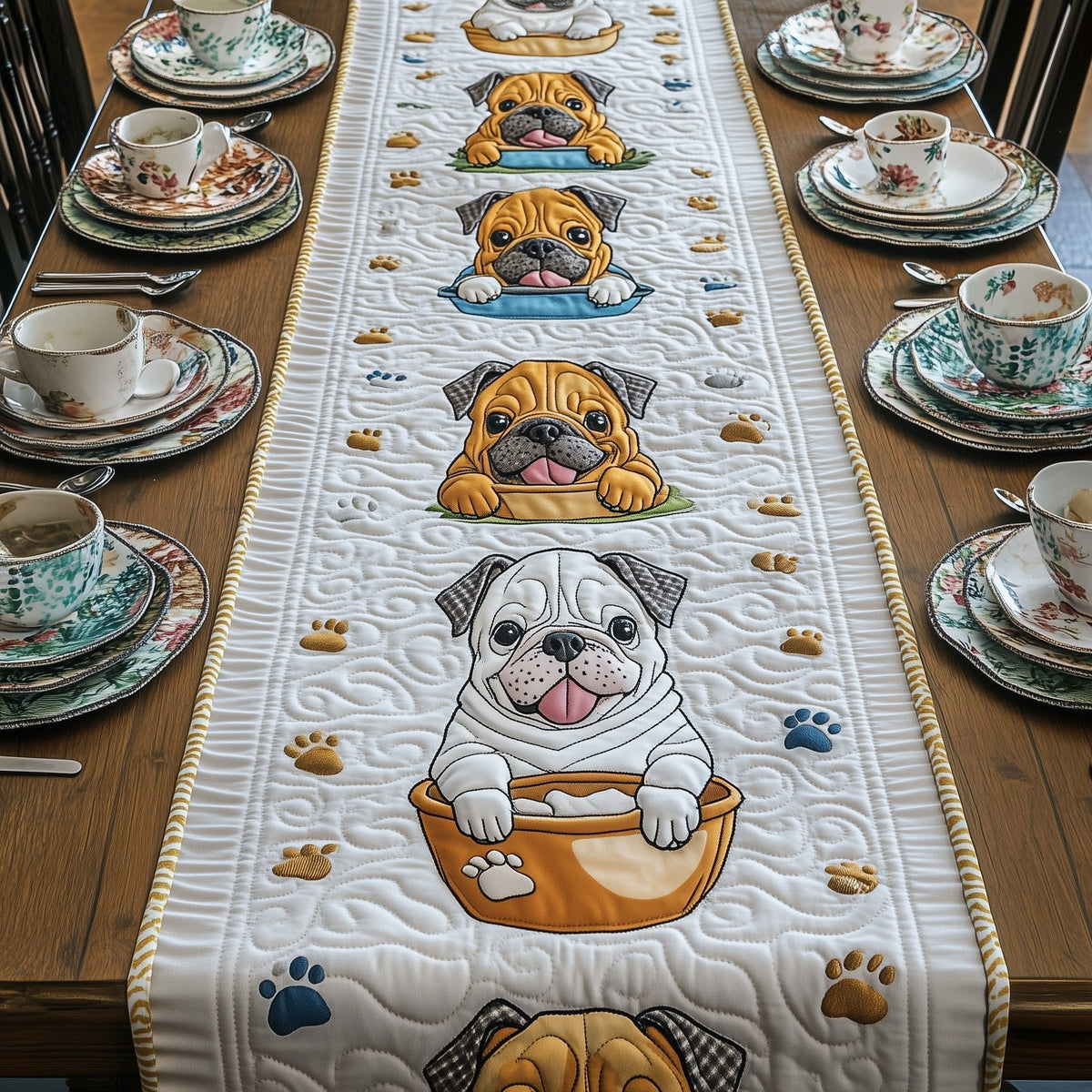 Bulldogs with Steaming Cups Table Runner