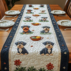 Terriers with Bowls and Red Flowers Table Runner