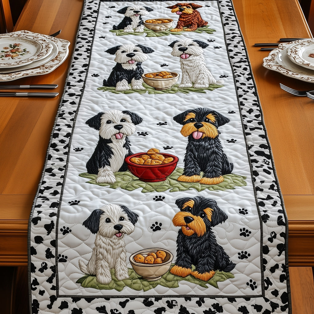 Sheepdogs with Bowls on Paw Print Border Table Runner