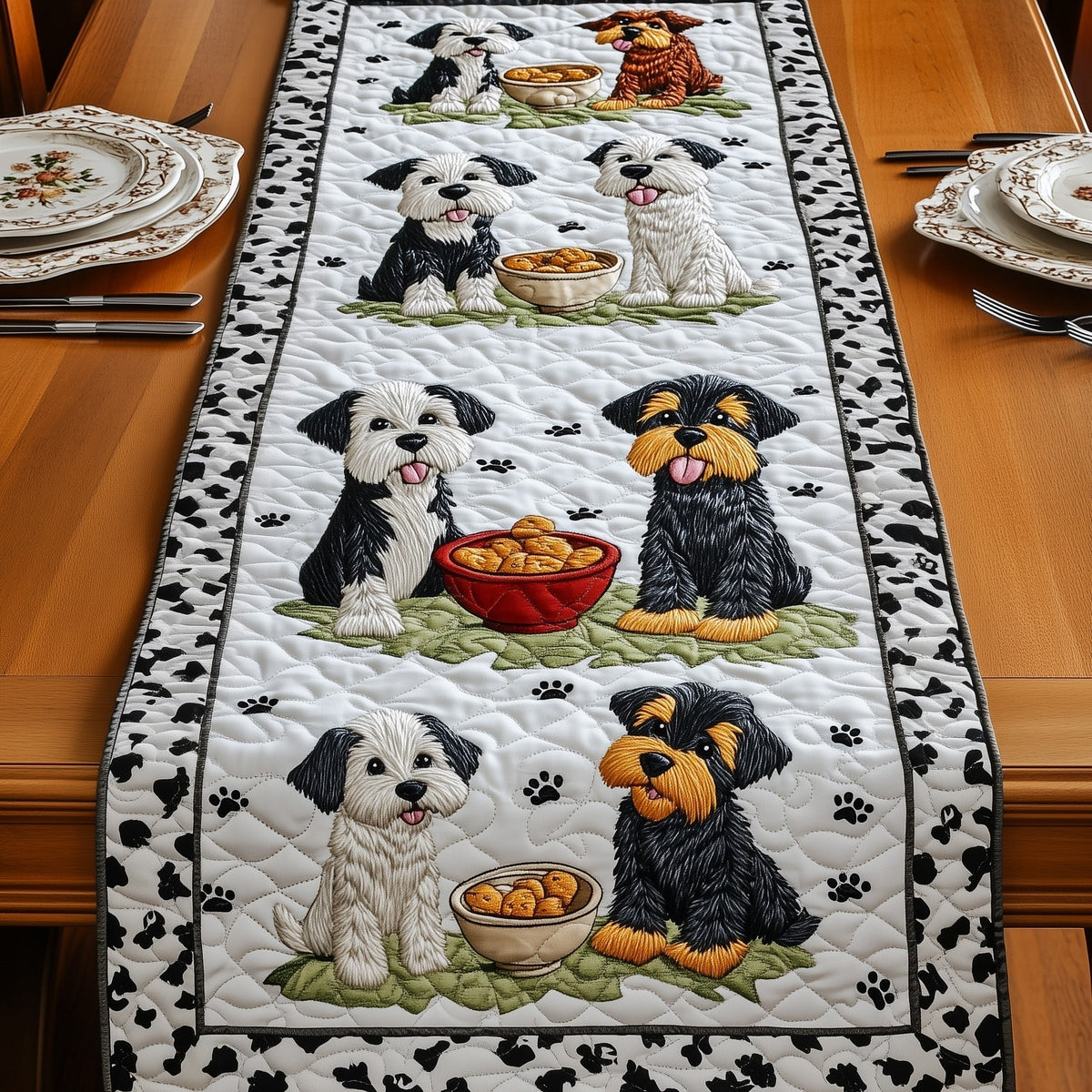 Sheepdogs with Bowls on Paw Print Border Table Runner