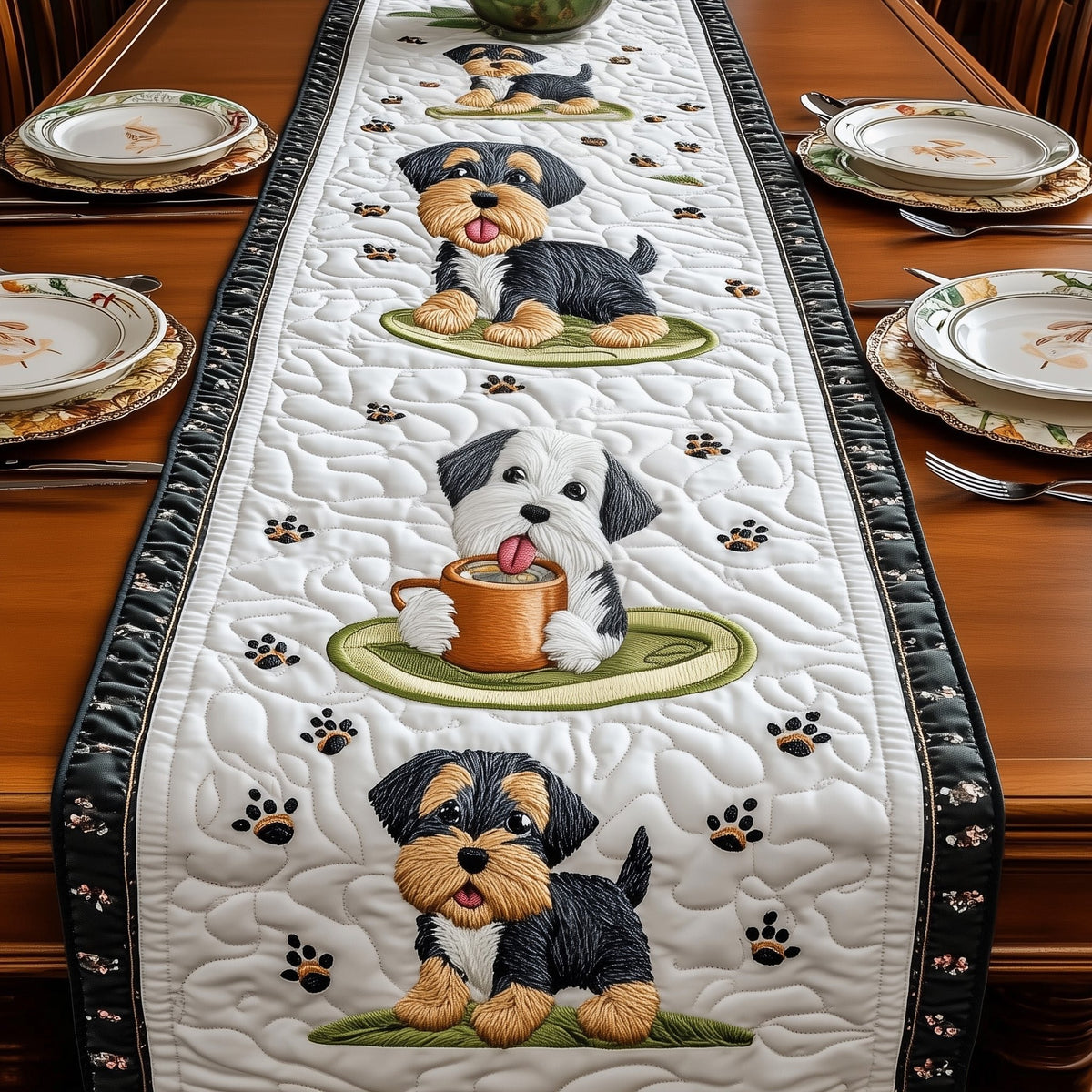 Terrier with a Green Bowl Table Runner