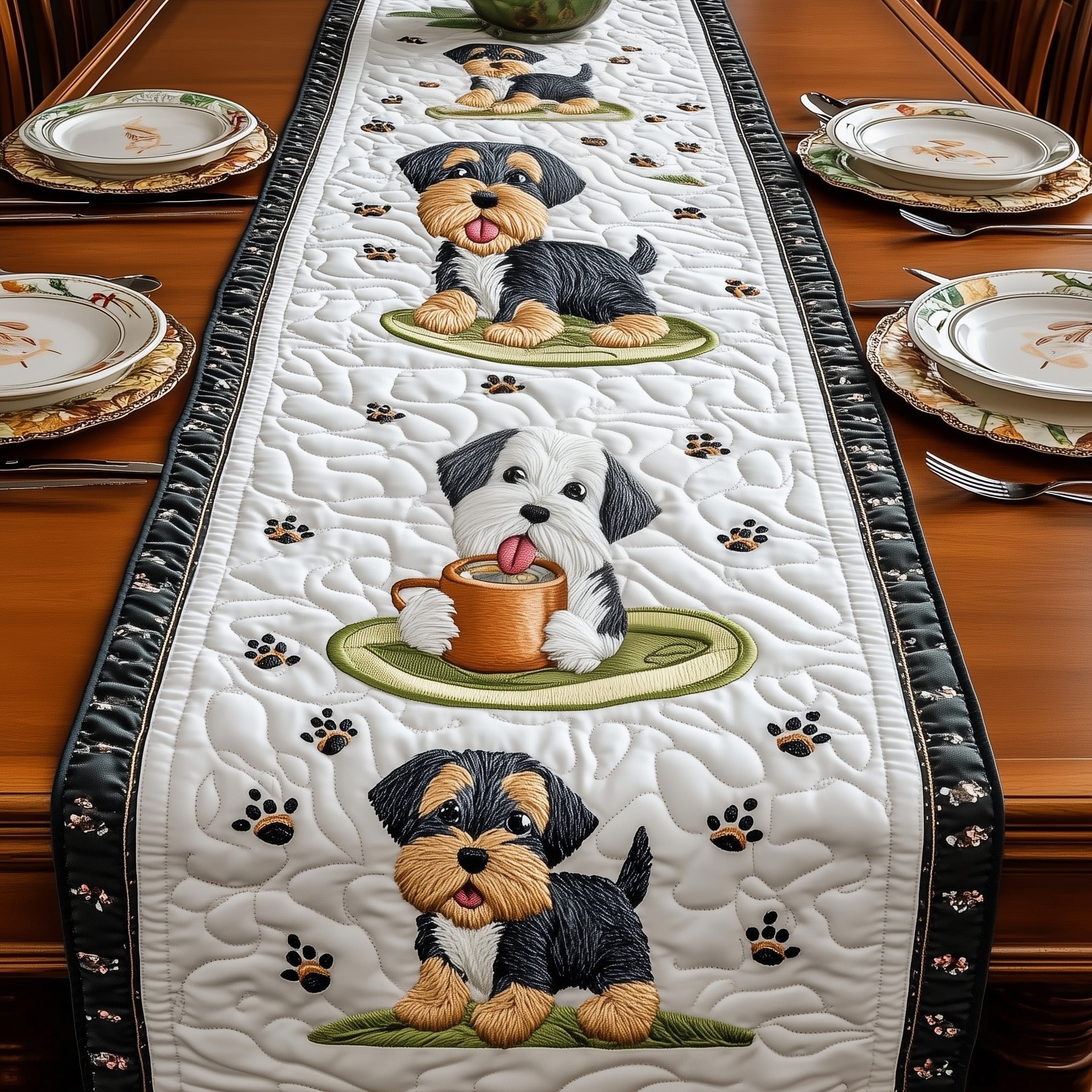 Terrier with a Green Bowl Table Runner