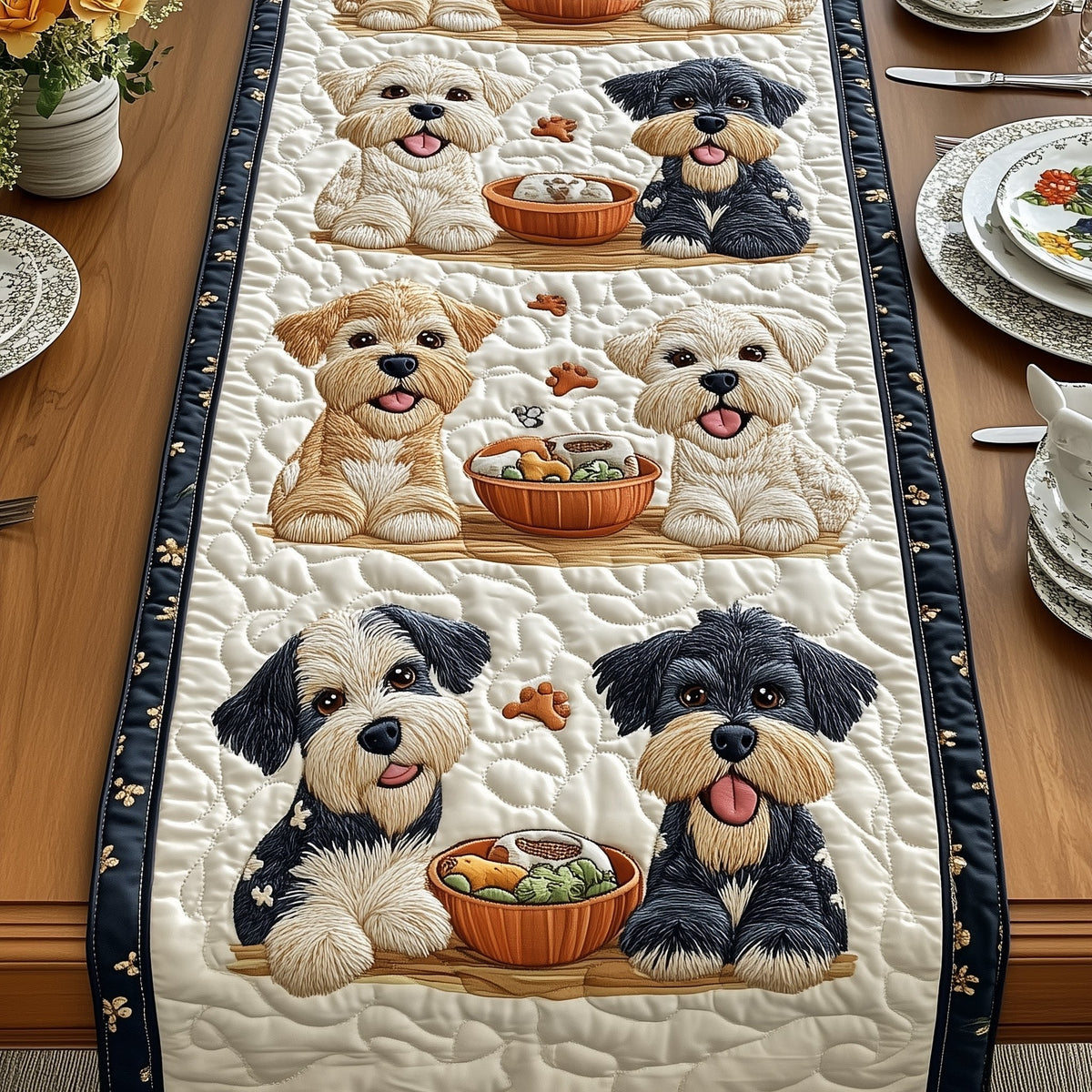 Fluffy Dogs with Bowls on Blue Border Table Runner