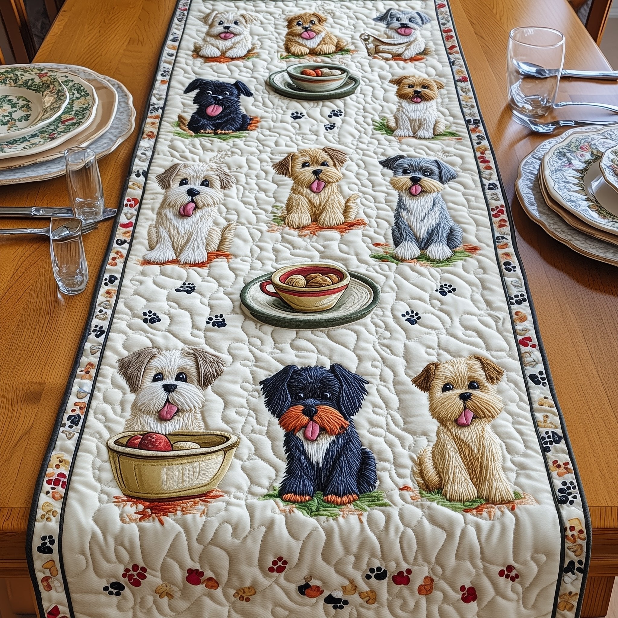 Puppies with Bowls on Green Grass Table Runner