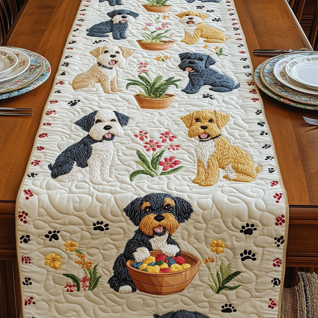 Dogs with Flowers and Fruit Bowl Table Runner