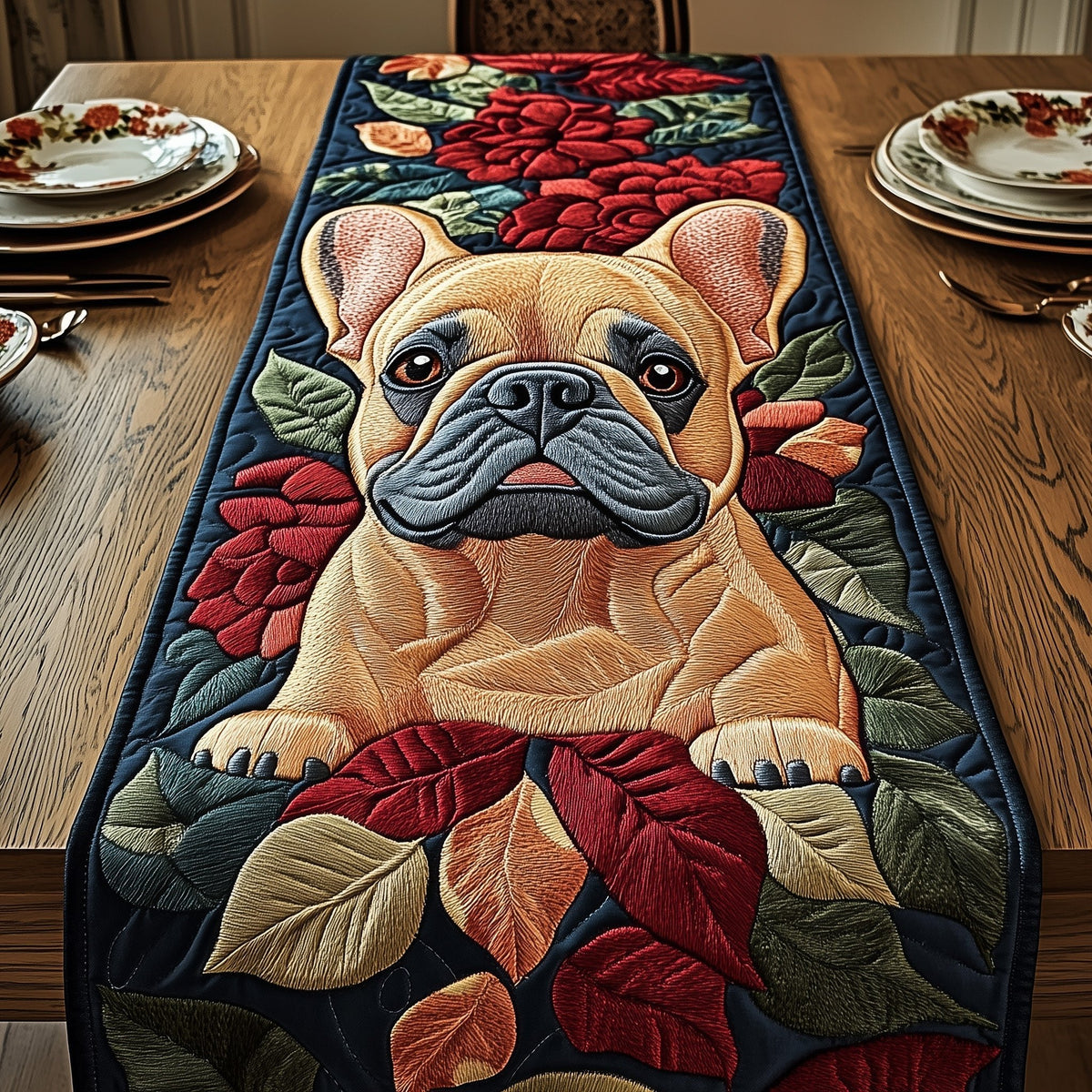 French Bulldog Among Autumn Leaves Table Runner