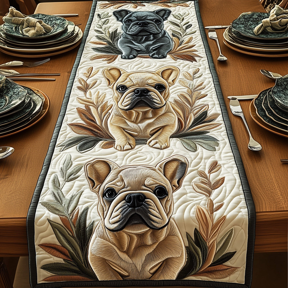 French Bulldogs on Cream Panel Table Runner